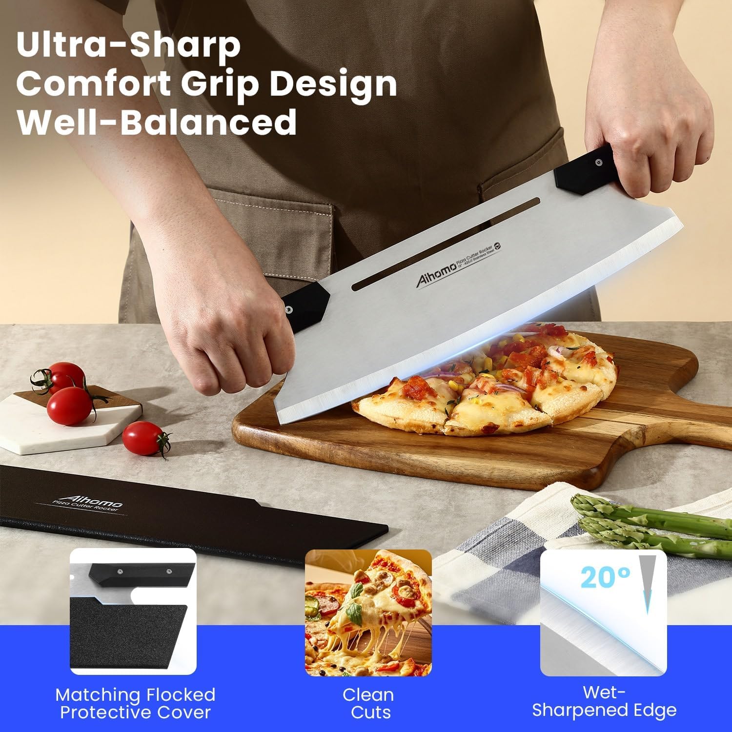 13 Inch Pizza Cutter Rocker Blade, Sharp Pizza Rocker Knife 420J1 Japanese Stainless Steel, Dishwasher Safe Pizza Cutter Slicer with Protective Cover, Multipurpose for Pizza, Cheese, Cake