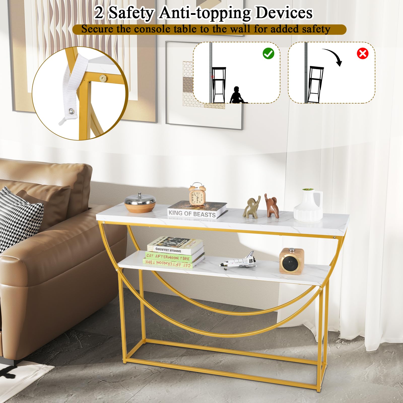 LIFEZEAL Consolle Ingresso, Tavolo Consolle, Moderno, Salvaspazio, Dorato, Oro e Bianco, con Effetto di Marmo, Telaio ad Arco, Console Entrata, Corridoio, in Legno, Metallo, Max 50kg, 120x30x80,5cm