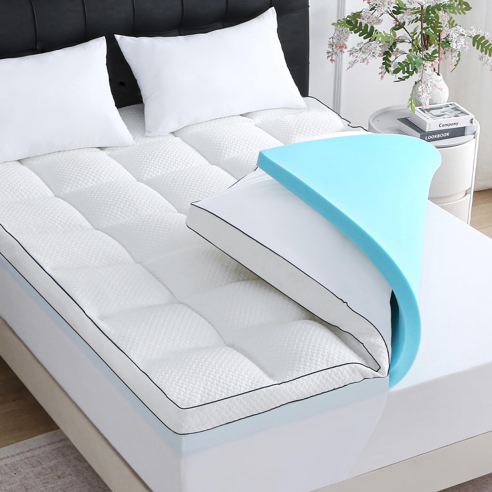 Dual Layer 5 Inch Queen Size Memory Foam Mattress Topper, 3 Inch Quilted Top Mattress Pad Cover and 2 Inch Cooling Gel Foam, Medium Firm for Back