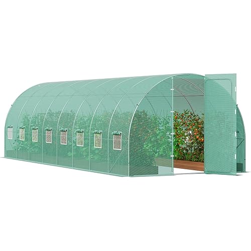 VEVOR Walk-in Tunnel Greenhouse, 27.4x9.5x7.4 ft Hoop House Greenhouse Tunnel, Plant Hot House with Galvanized Steel Frame, Green PE Cover, Swing Door and 16 Roll-up Windows for Outdoor