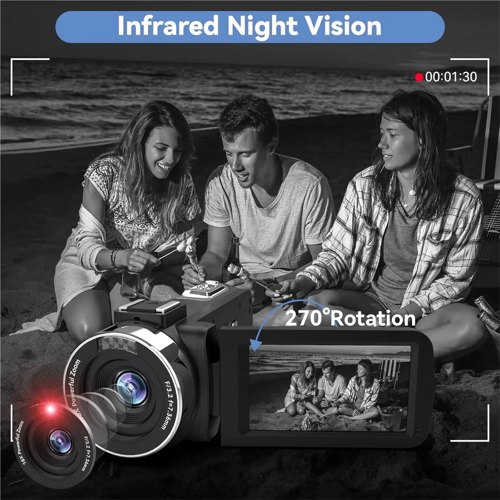 Videocamera 4K con zoom digitale 18X, fotocamera for vlogging da 48 MP for YouTube, touchscreen IPS ruotabile a 270° 3,0 pollici, microfono Leggero