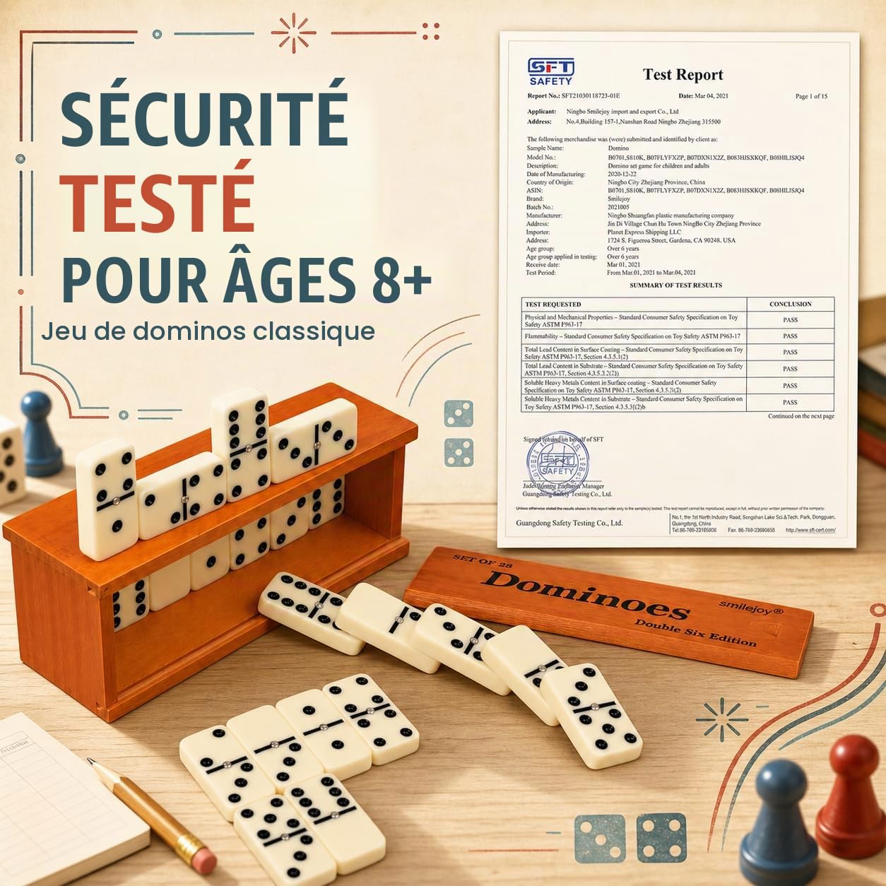 Smilejoy Dominos pour adultes – Dominos de taille Jumbo Double Six Edition – Jeux de société classiques – Ensemble de dominos épais double 6 avec boîte en bois marron de luxe, 28 carreaux (2 à 4