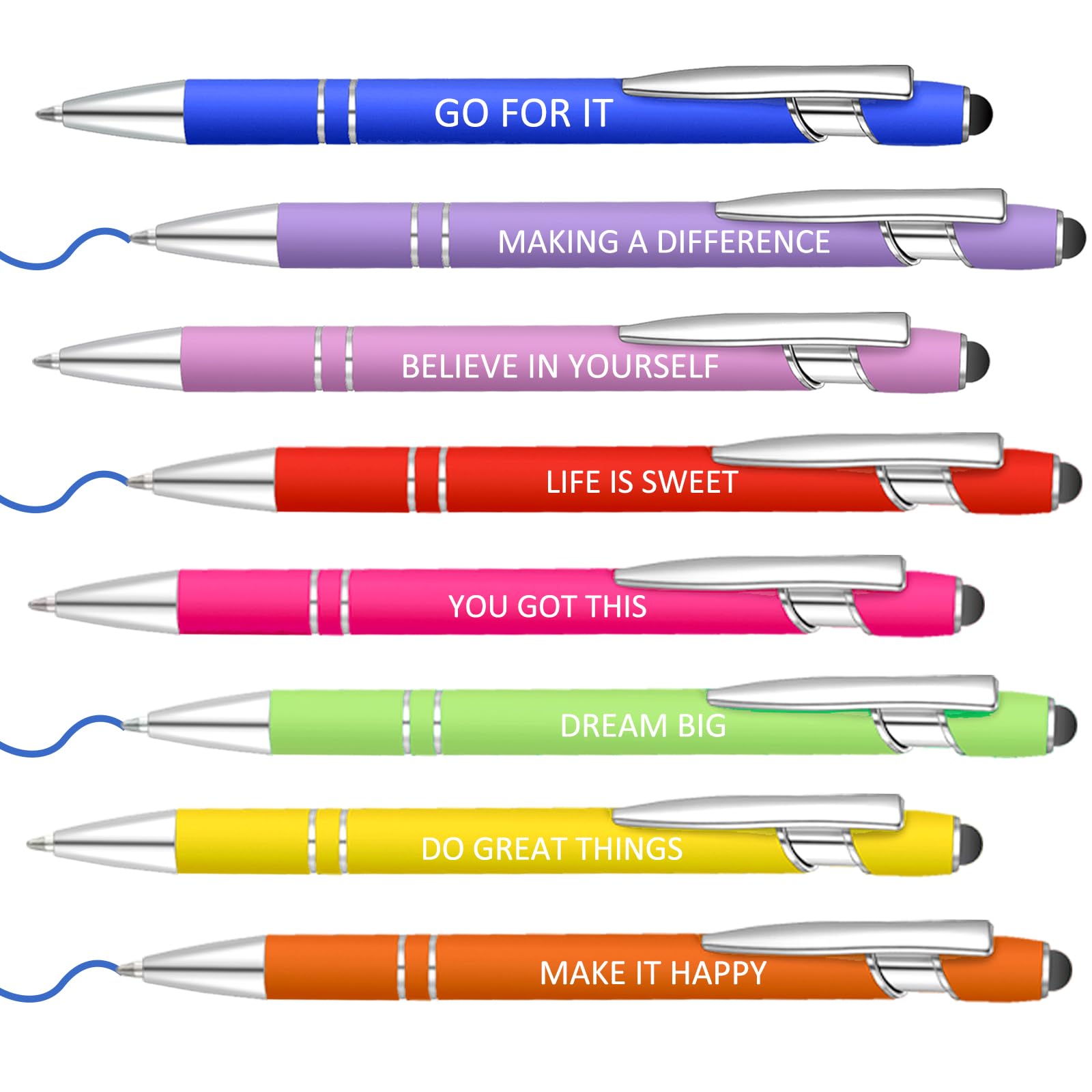 Lragvtbk 8 Pcs Blue Ink Inspirational Pens for Women Quotes Pen Metal Ballpoint Pen with Stylus tips for Office Gift (Multicolor)
