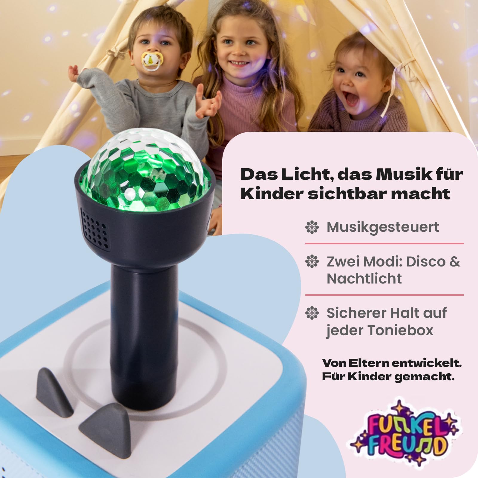 LED Licht für die Toniebox musikgesteuert | Kinderdisco & Nachtlicht | Kompatibel mit Toniebox 1 & 2 | Kabellos, Magnetisch, Ohne App | für Kinder ab 3 (Kinder-Diskolicht + Sticker)