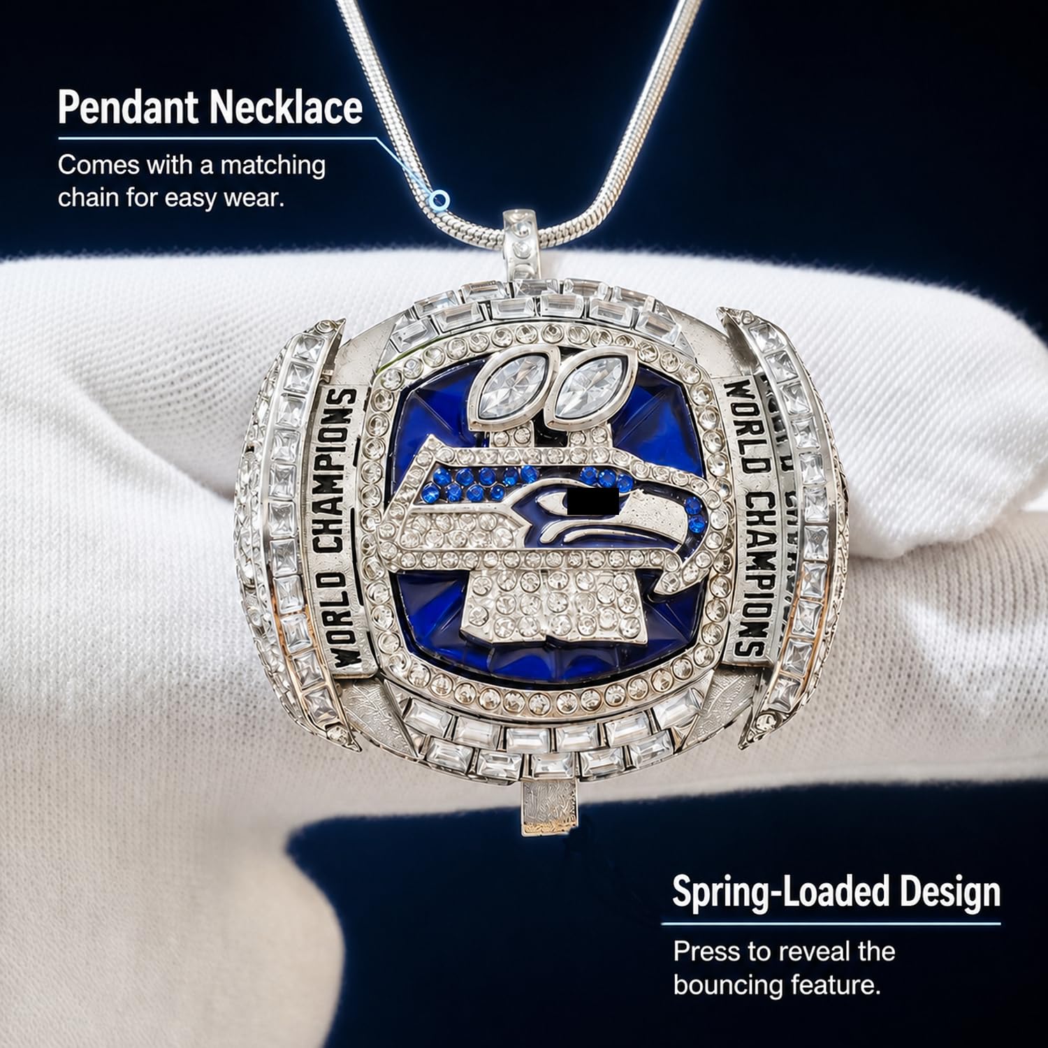2026 Seahawks Meisterschaftsring Replik mit Box und Halskette | Abnehmbarer in US-Größe 11 Metall American Football Champion Ring, Fan-Geschenk, Sammlerstück und Erinnerungsstück