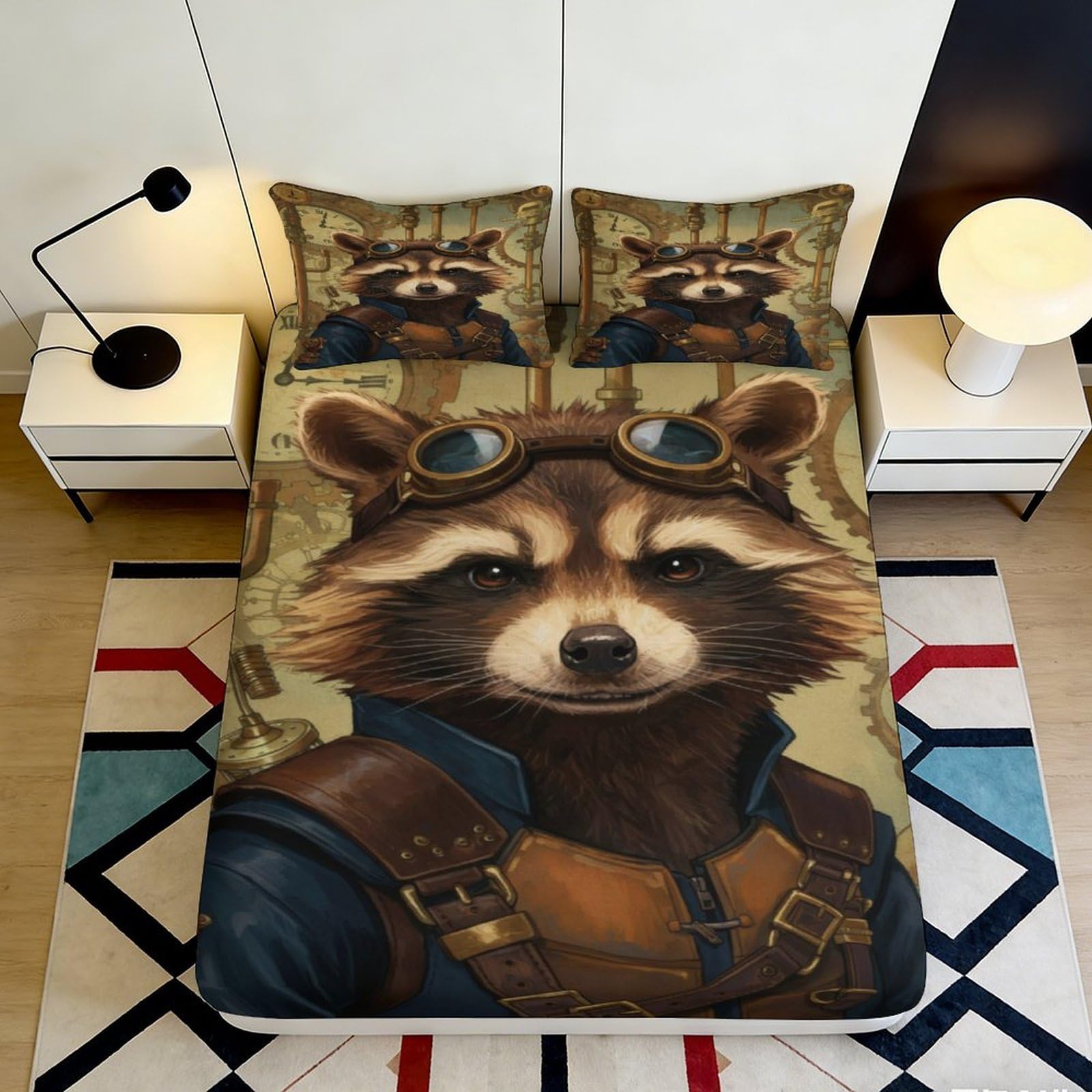 Pnayamiorkfel Style-5 3D Printed Steampunk Raccoon Fitted Sheet Microfiber Soft Anti-Slip Bed Cover For Bedroom Guest Room Decor 90X200x25cm