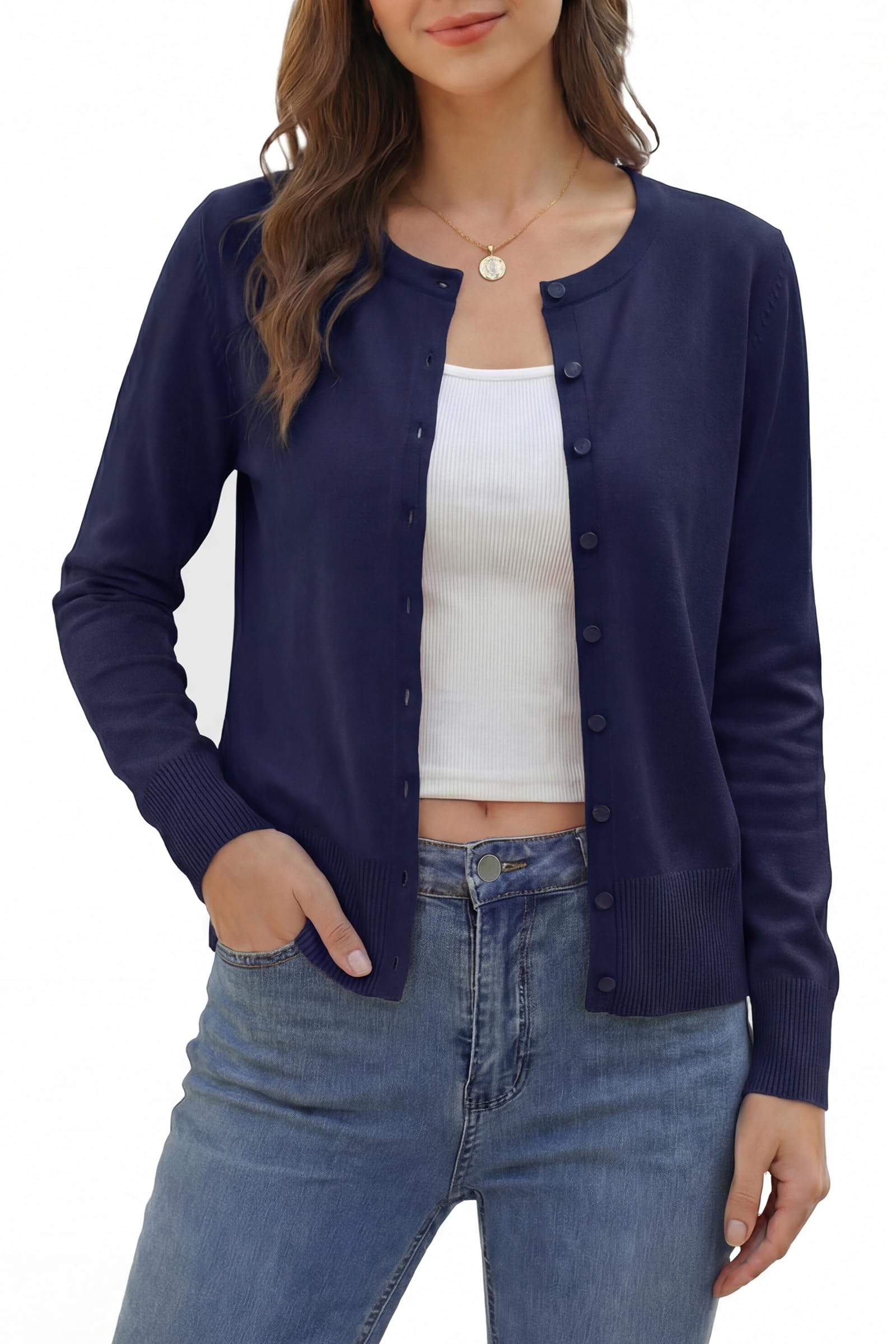 VOTEPRETTY Strickjacke Damen Leichte Cardigan Sommer Kurz Rundhals Strickjacken Langarm Strickmantel mit Knöpfe