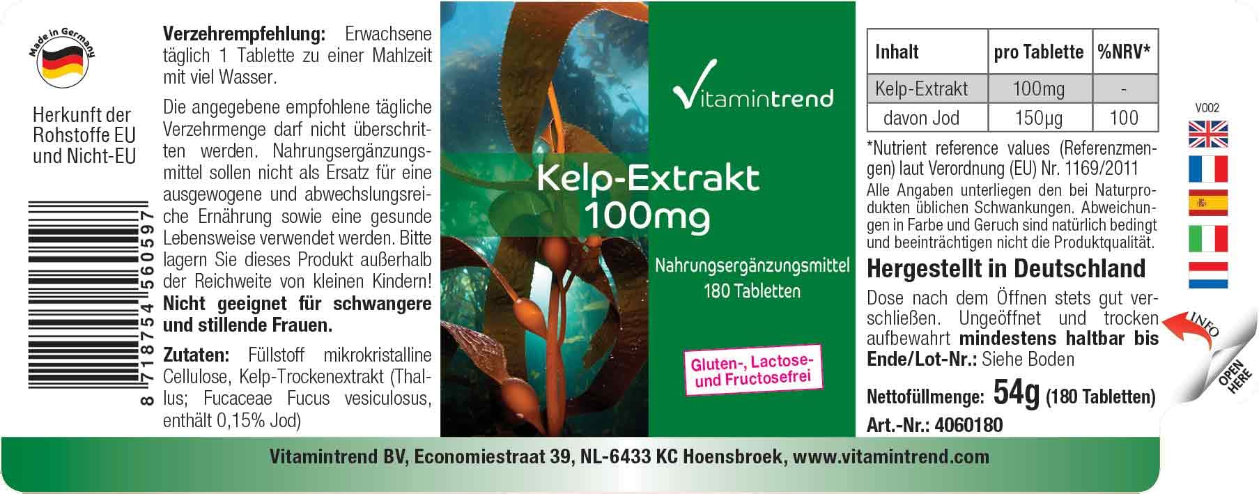Vitamintrend Extrait de Kelp 100 mg, 180 comprimés, faciles à avaler, iode naturel, complément alimentaire végan sans stéarate de magnésium, fabriqué en Allemagne