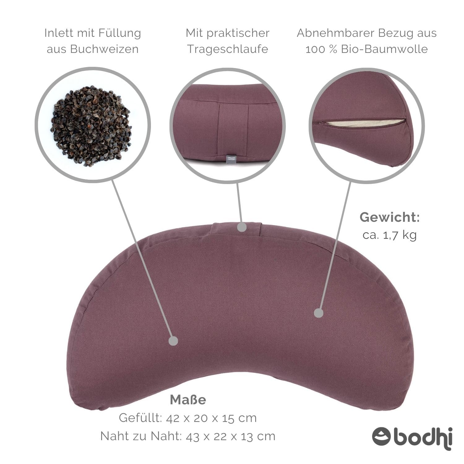 Bodhi Meditationskissen Halbmond | Yogi MOND ECO | Bezug aus 100% Bio-Baumwolle | Yogakissen halbmondförmig mit Buchweizenfüllung | Halbmondkissen für Yoga & Meditation