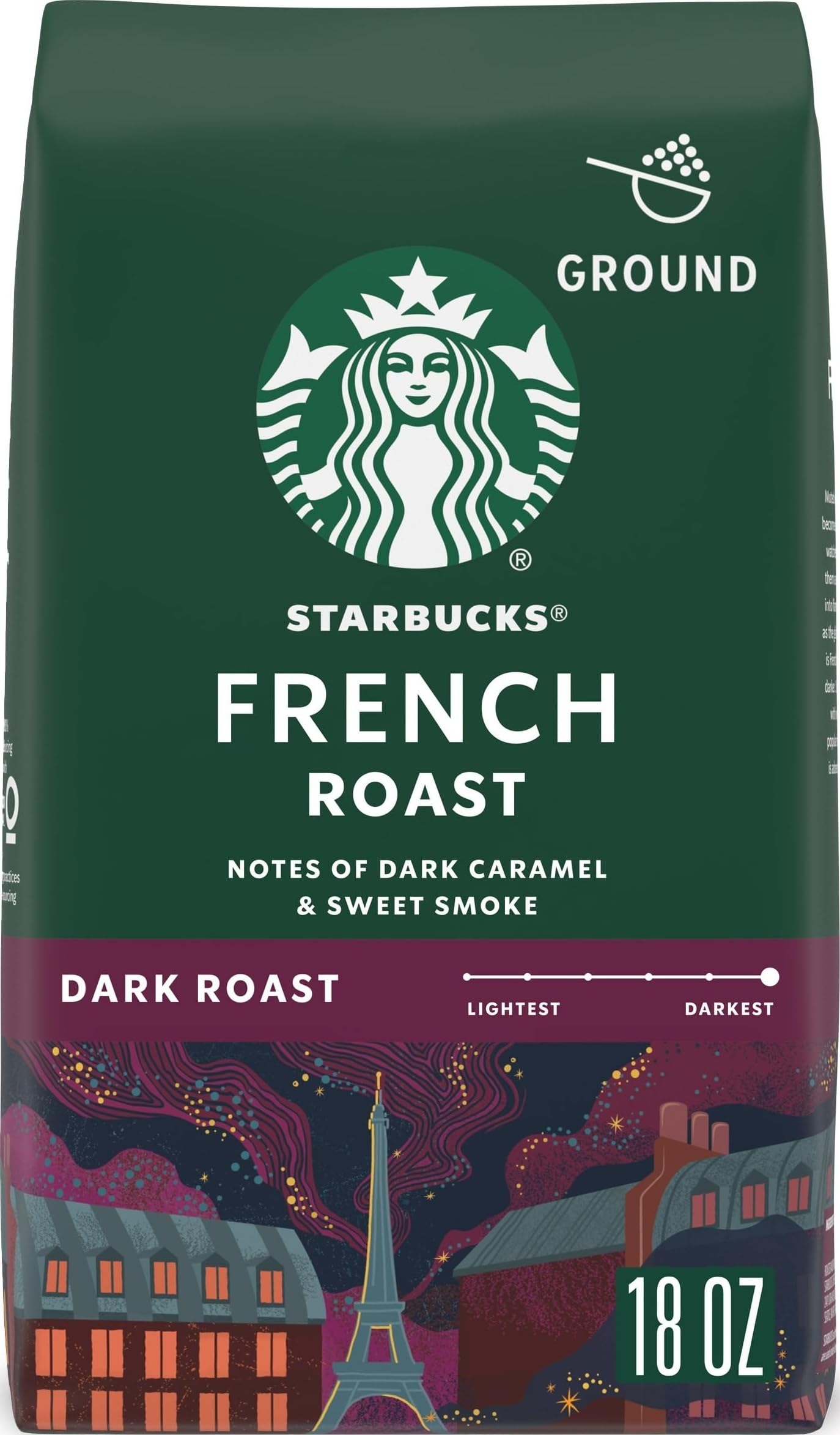 Starbucks Ground Coffee French Roast, 18 oz Bag | 100% Arabica ground coffee; Dark Roast French Roast; 1 bag, 18 oz