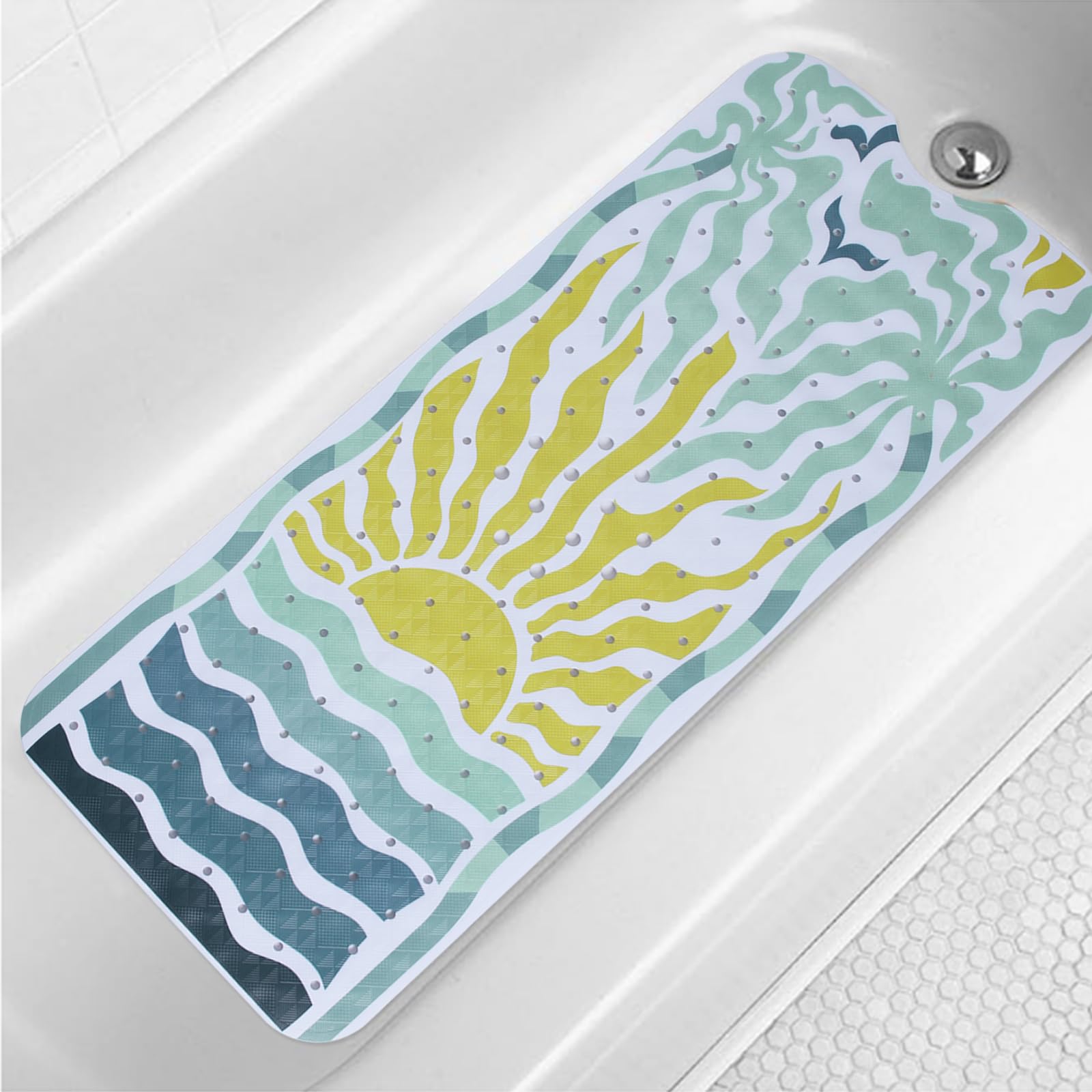 Non Slip Bathtub Mat for Kids Extra Long Anti Slip Bath Mat for Tub Abstract Art Sun Bath Shower Mat with Large Drain Holes and Suction Cups Quality