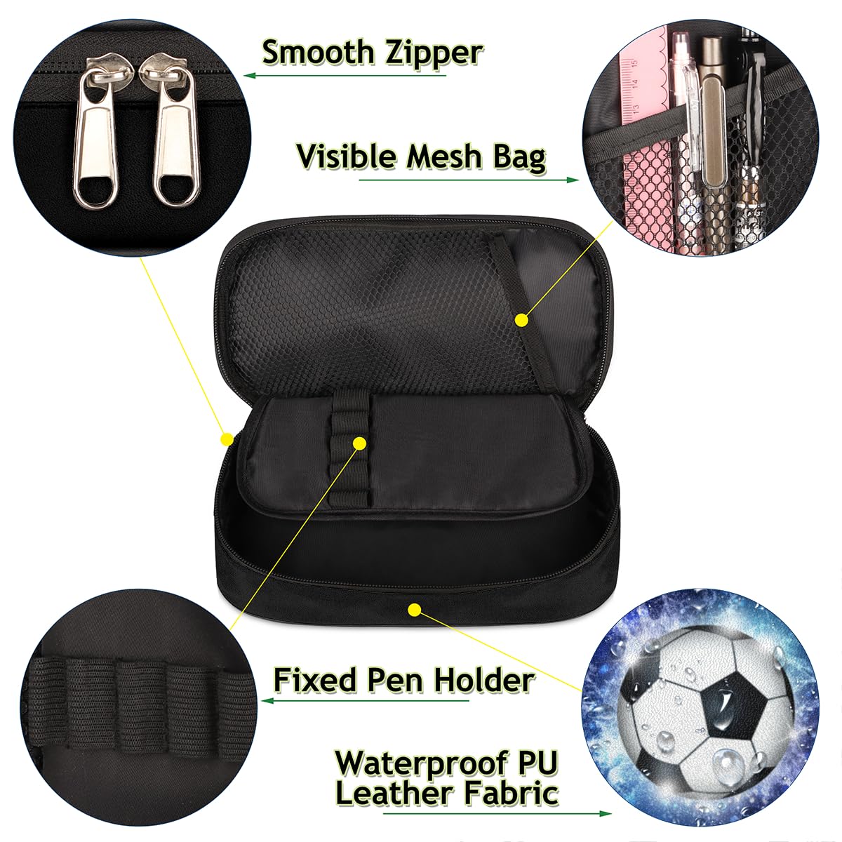 Estuche para lápices con diseño de pelota de fútbol, color azul, con temática deportiva, gran capacidad, organizador de papelería negro, bolsa de lápices con cremallera para niños y niñas, bolsa de