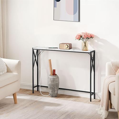 Miniatura 5 de Mesa de sofá estrecha de 39.4 pulgadas con estación de carga, mesa consola delgada, para entrada, vestíbulo, sala de estar, pasillo, mármol