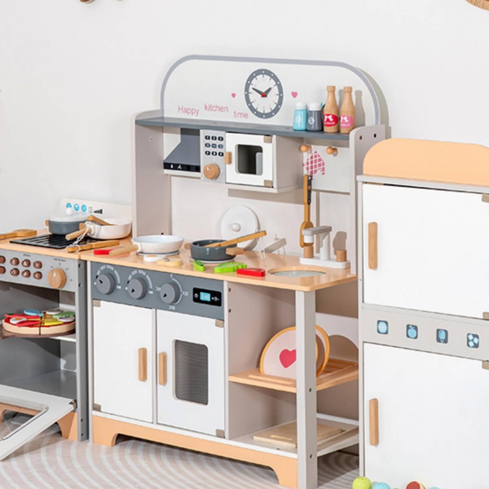 Kinder Spielküche Holz Spielküche Kinderküche Küchenzeile mit Herd Mikrowelle Backofen Und Spülbecken Inklusive Und Haken für Zubehör Freistehend mit, Weißgrau