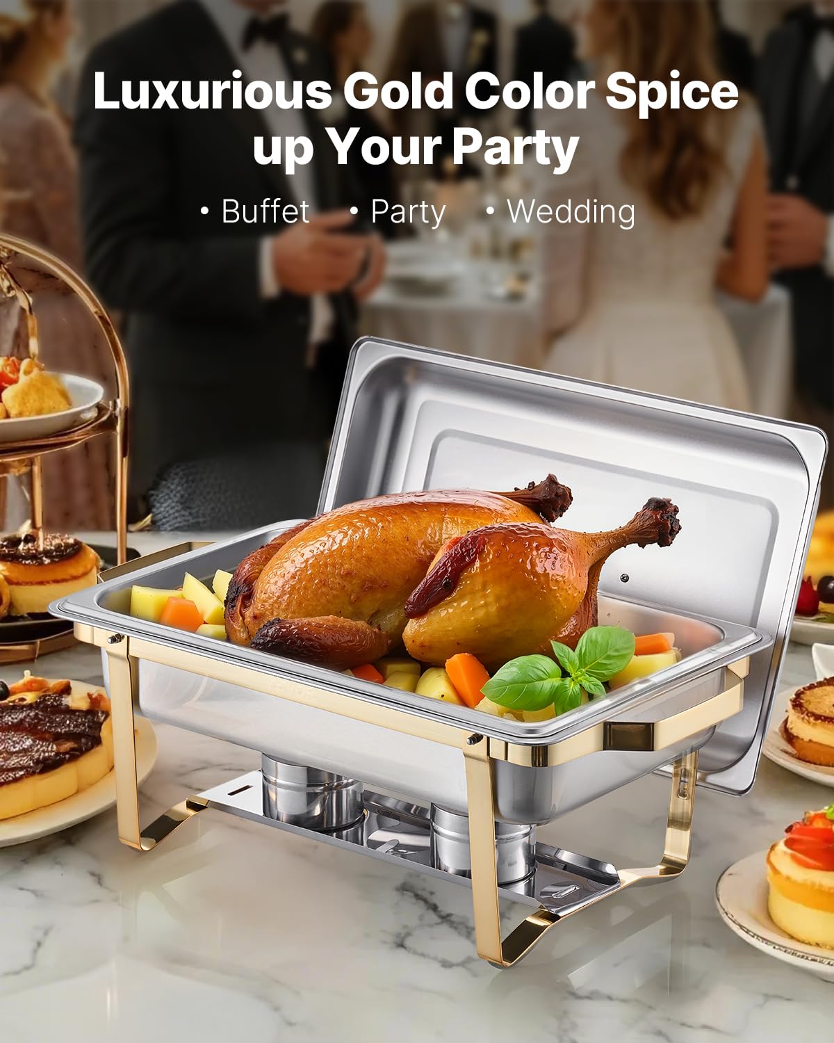 VEVOR Chauffe-Plat 4PCs 7,5 L, Buffet Chauffant Rectangulaire, Réchaud en INOX, avec 2 Bacs Pleine Taille, 6 Bacs Demi-Taille et Couvercle, pour Buffet Libre-Service Hôtel Traiteur Restauration, Doré