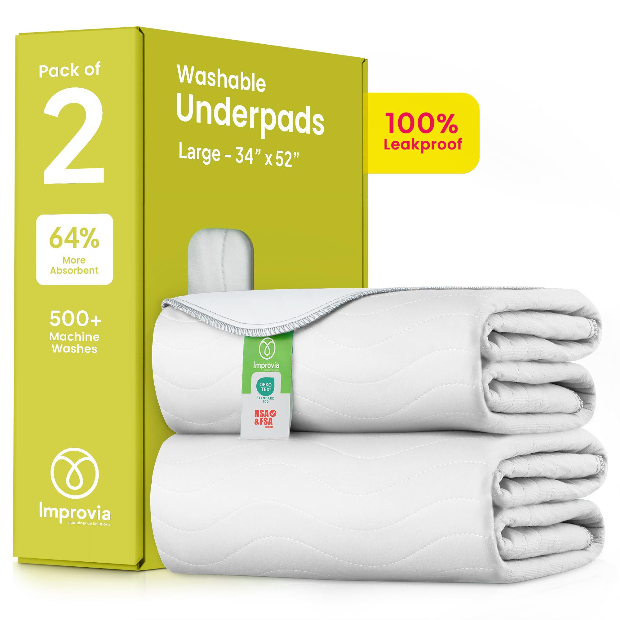 IMPROVIA® Almohadillas lavables de gran absorción reutilizables para incontinencia para niños, adultos, ancianos y mascotas, protección impermeable para suelos (paquete de 4, 34 x 36 pulgadas), blanco