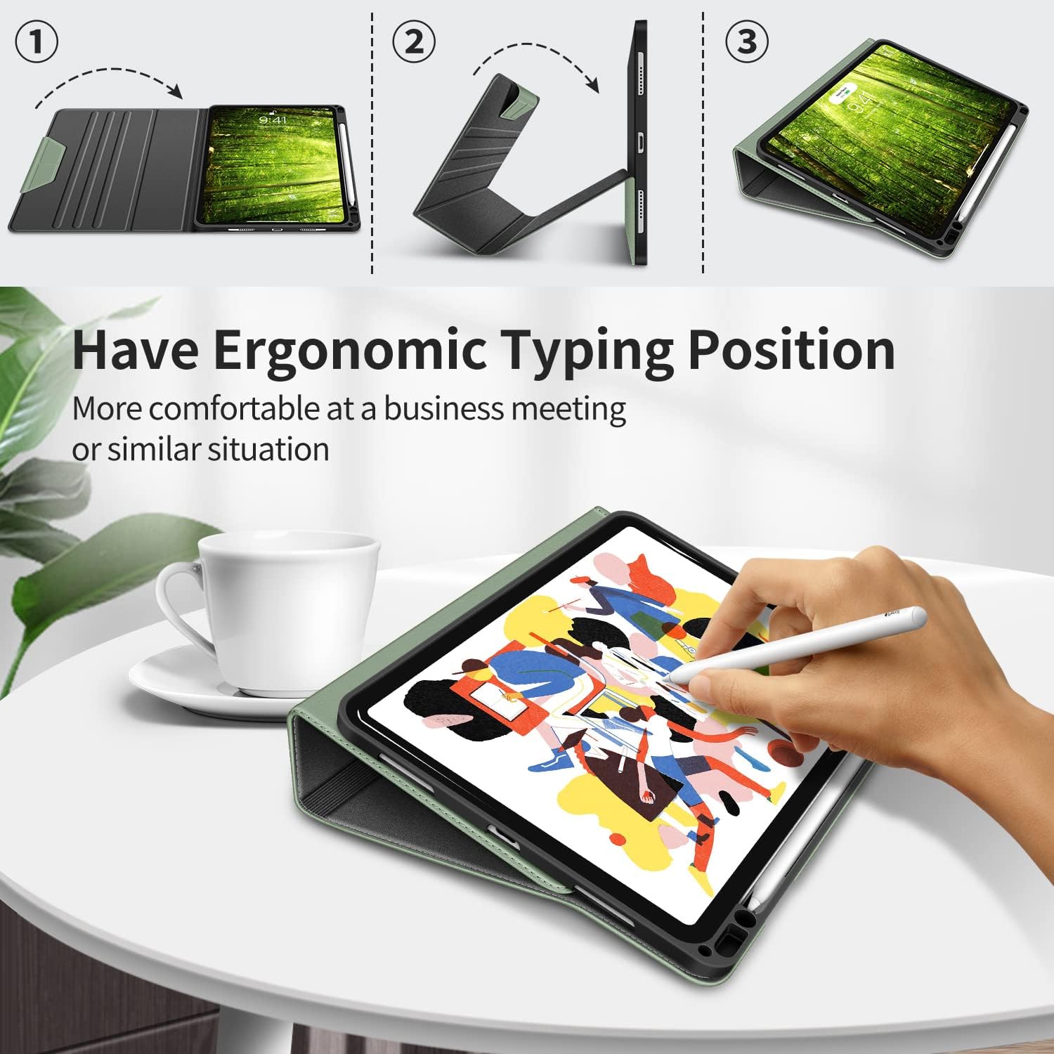 H HOLIMET Case for iPad Pro 11 Inch 2022 4th/3rd/2nd/1st Generation 2021/2020/2018 with Pencil Holder Folio Stand Auto Wake/Sleep Vegan Leather, Green