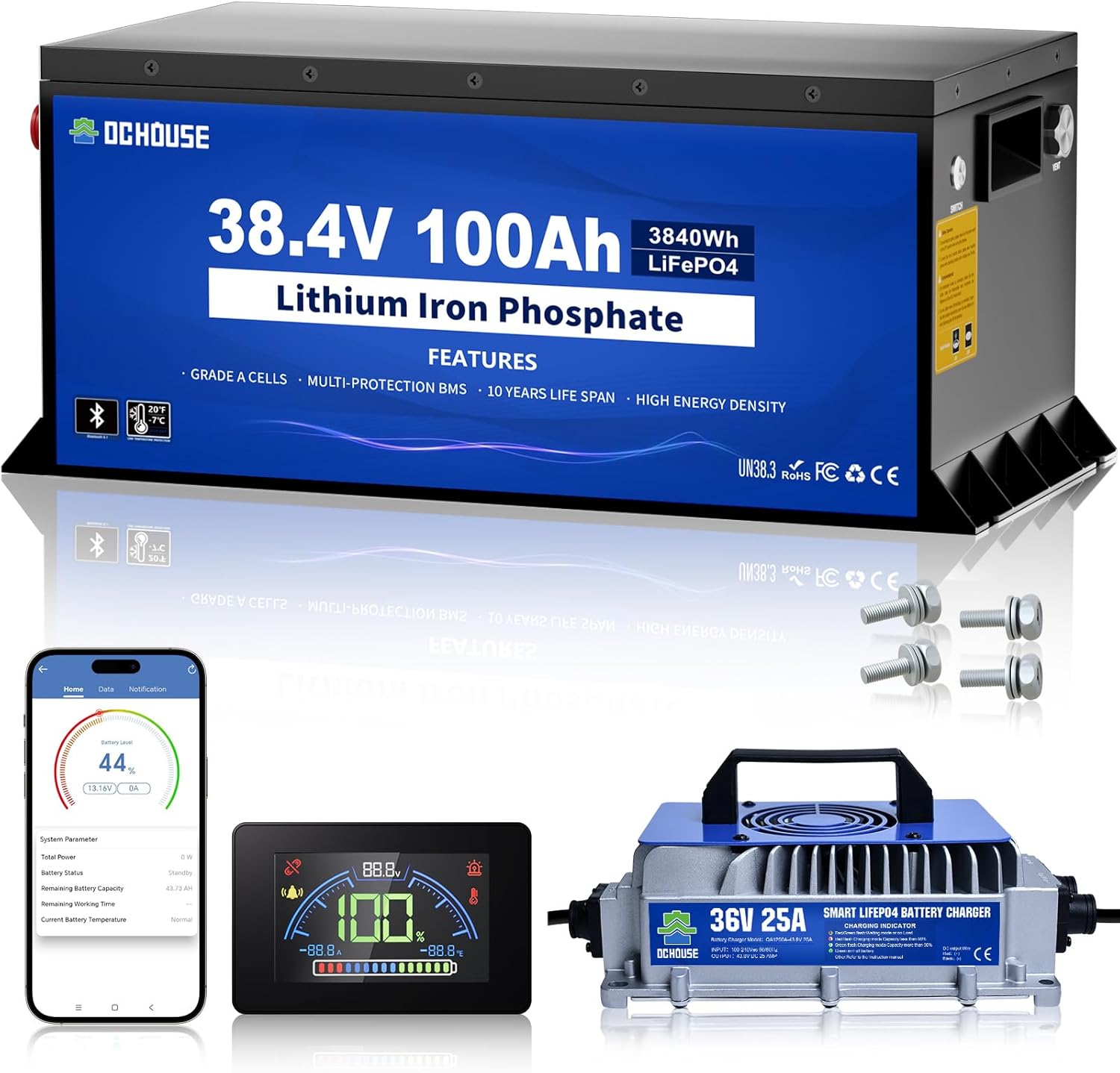 DC HOUSE Metallic Case 36V 100Ah Professional Lithium Golf Cart Battery, LiFePO4 Battery with 36V 25A Charger, Bluetooth Cell APP& LCD Monitor, 200A BMS, Peak Present 670A, Good for Trolling Motor, Marine