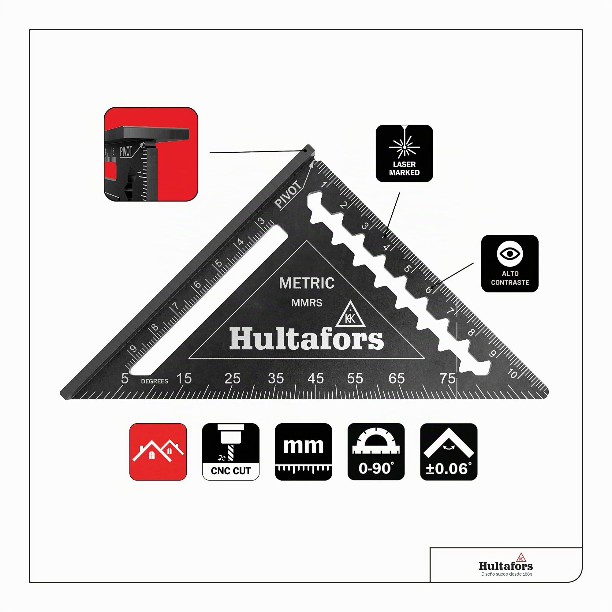 Hultafors Triangolo di arresto MMRS (lunghezza 110 mm, per angoli di 45° e 90°, bordo forte come guida per sega, scale incise al laser per travi a sbavature, gola e travi, strumento di misurazione)