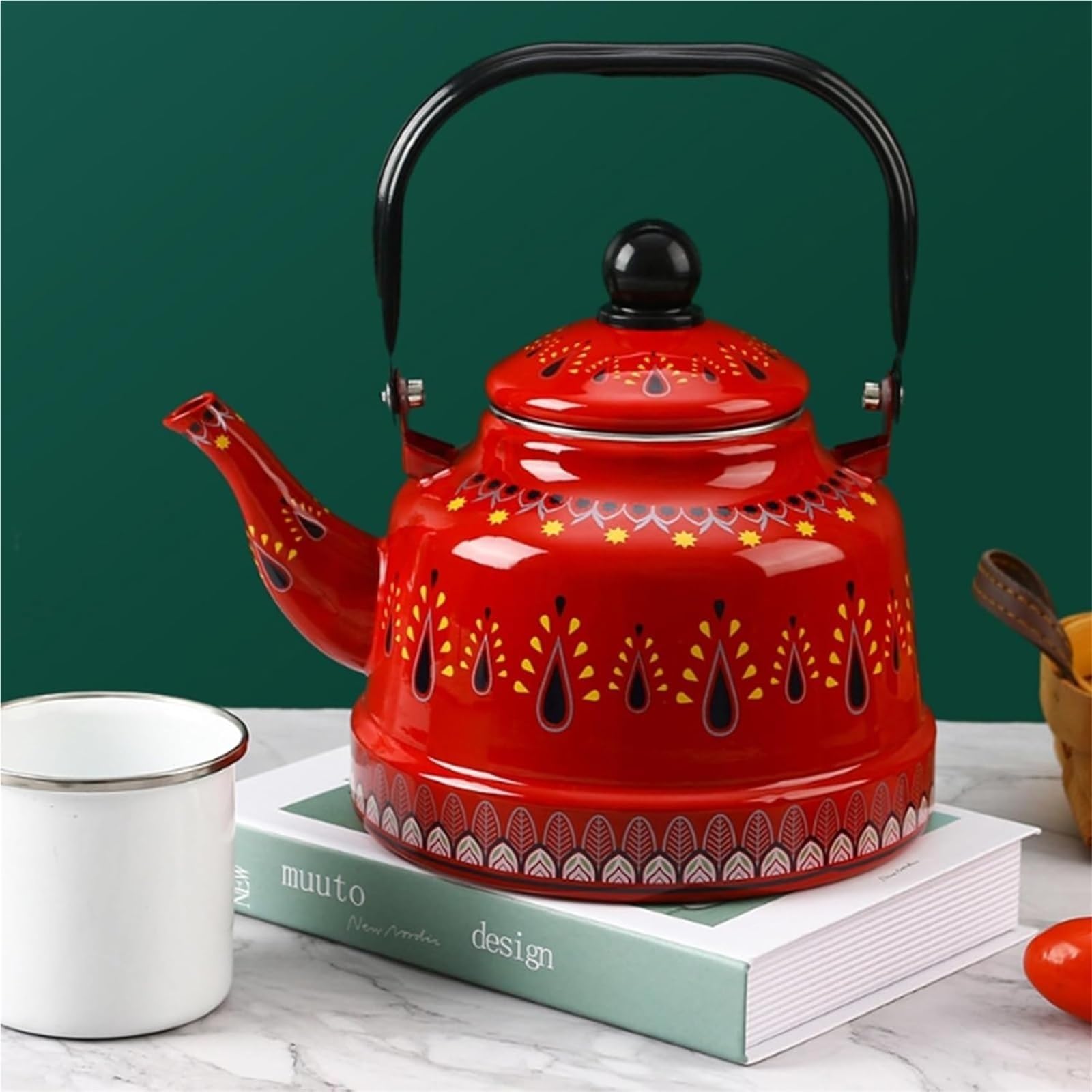 hervidor esmaltado, Tetera esmaltada vintage - con mango plegable ergonómico for(Red,1.7L)