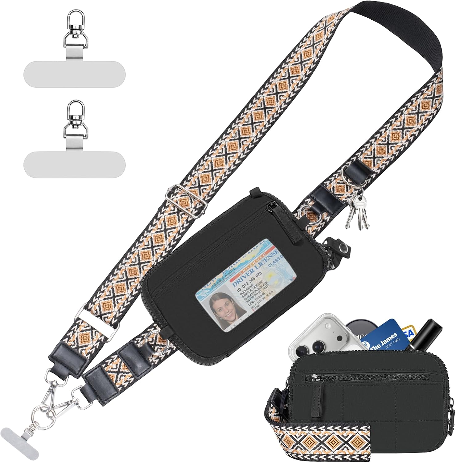 Tiostep Clip and Go Strap for Phone with Wallet Crossbody Phone Lanyard with Anti-Theft Zipper Pouch Detachable Quilted Wrist Wallet with RFID and ID Window for Daily Travel. Black Large