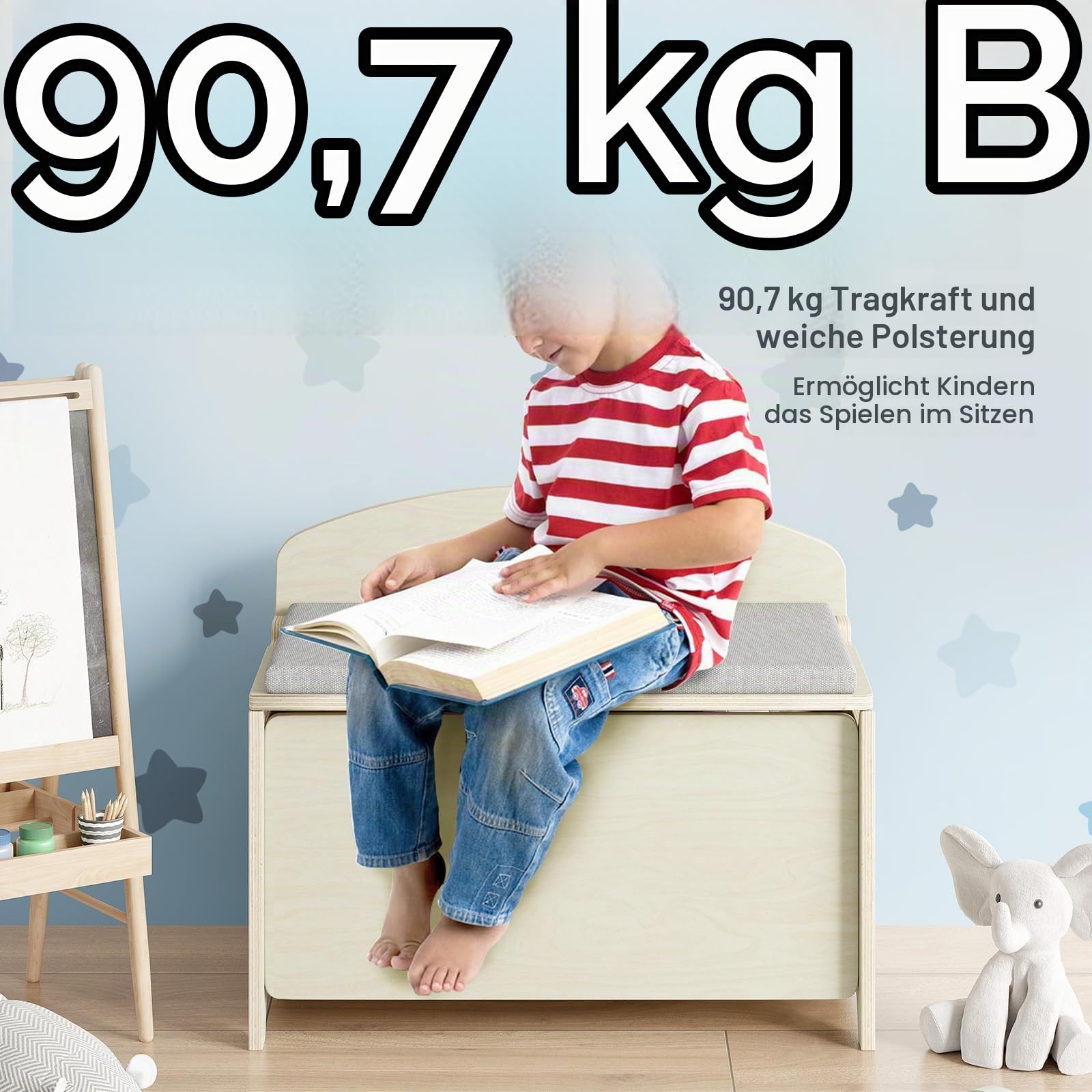 Spielzeugkiste und Spielzeugaufbewahrung, Spielzeugkiste aus Holz für Jungen und Mädchen, Spielzeugtruhe mit Kissensitz und 2 Sicherheitsscharnieren, Spielzeugaufbewahrungs-Organizer für Kinderzimmer