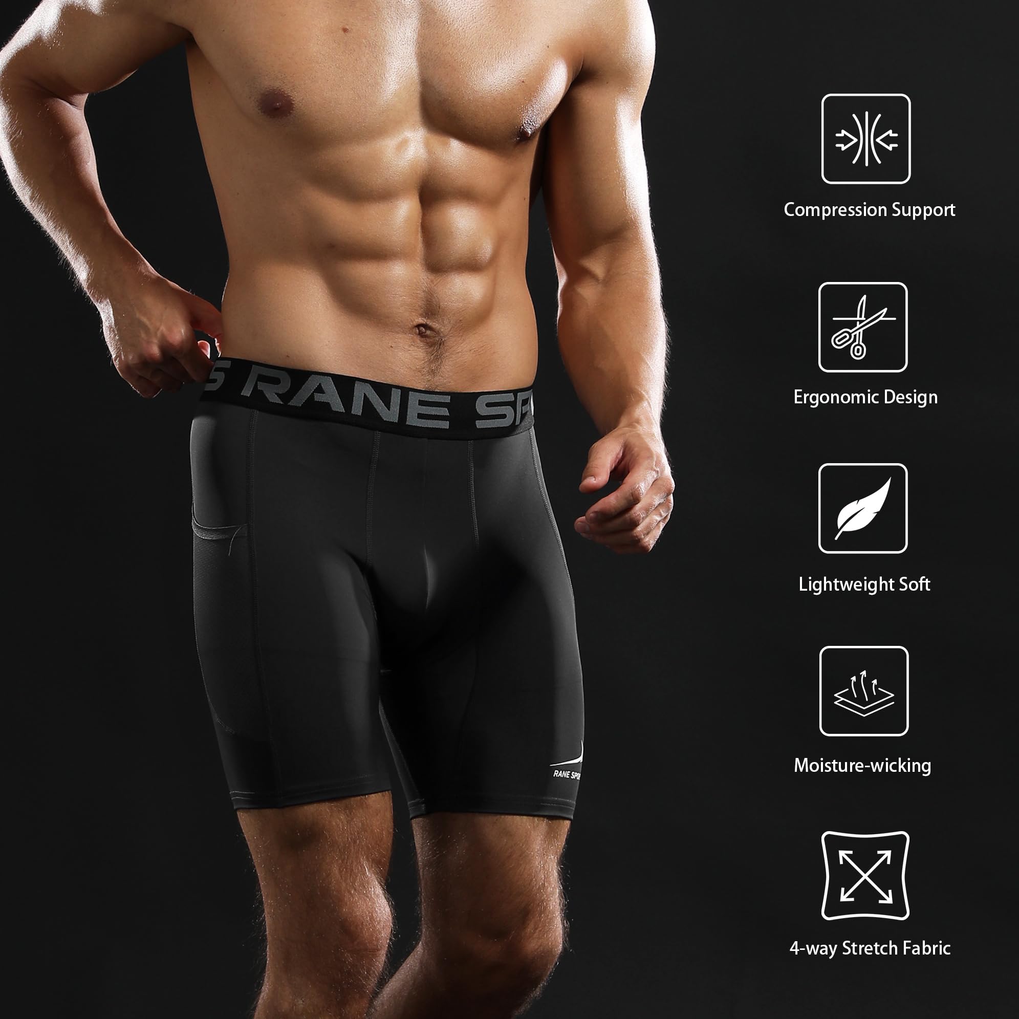 Rane Sports Pantalones Cortos de compresión funcionales para Hombre, Mallas Interiores de Secado rápido, Pantalones Cortos Transpirables para Correr con Bolsillos Laterales.