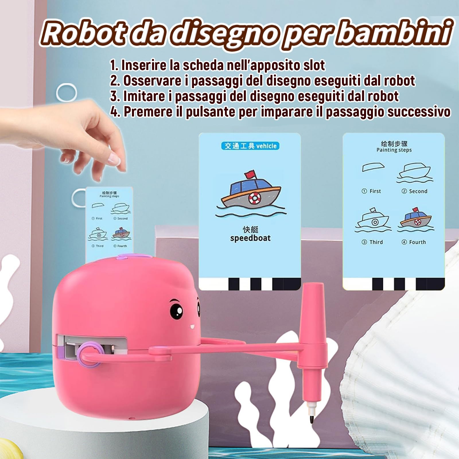 Robot da Disegno per Bambini Giocattolo Educativo Interattivo con 100 Carte, Giocattolo da Pittura Montessori per Bambini e Bambine da 3 a 8 anni, Apprendimento Precoce, Compleanni (Rosa, Aggiornato)