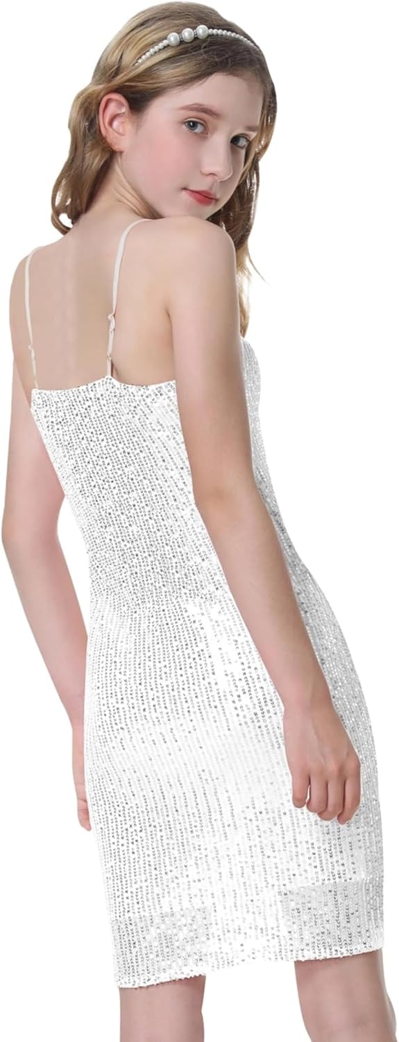 EXARUS Girls Sparkly Dress Teen Homecoming School Dance Party Sequin Spaghetti Strap Special Occasion Tight Bodycon Dress