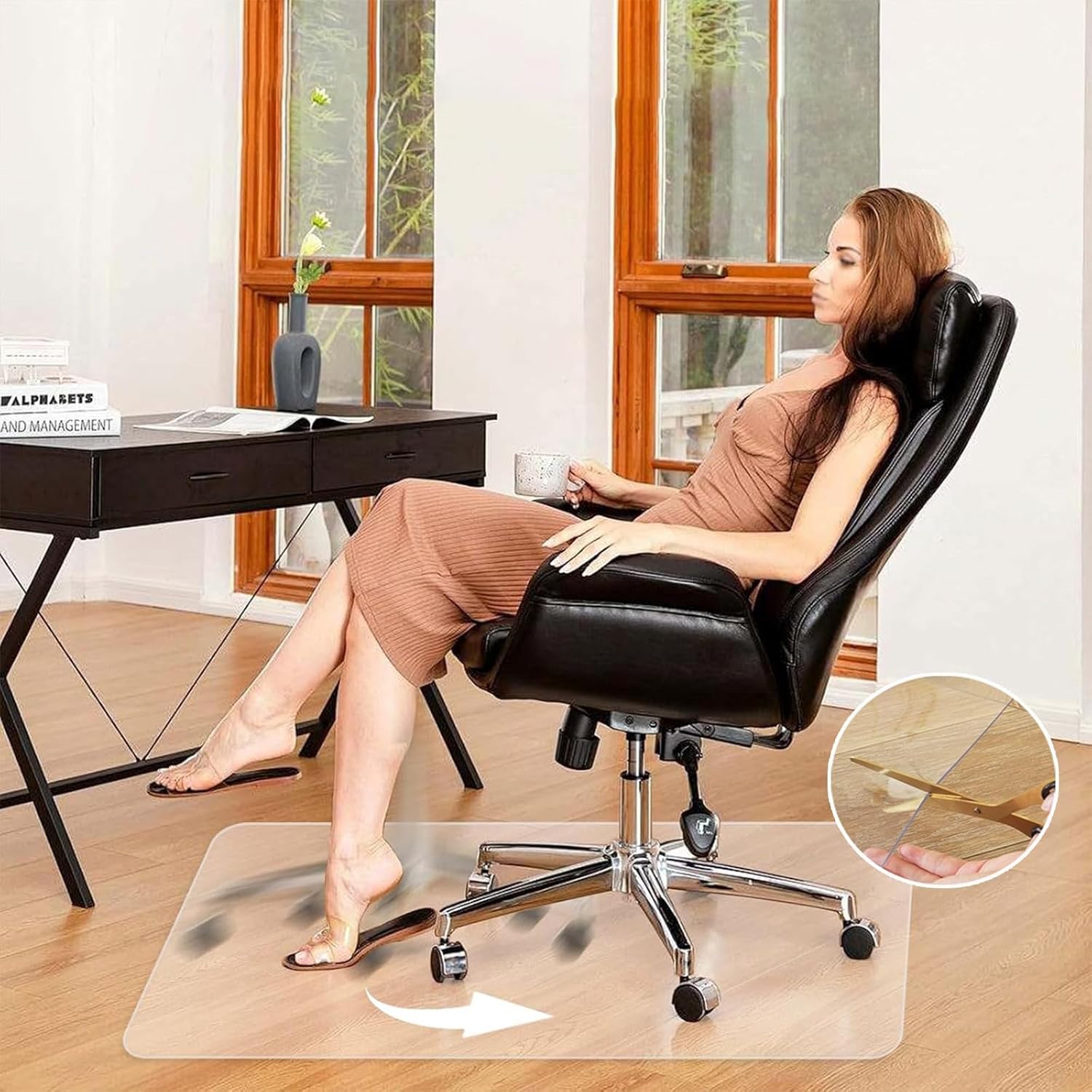 ハードウッドフロアチェアマット 24x28インチ プラスチックオフィスマット ローリングチェア用 非丸まりフロアプロテクター デスク