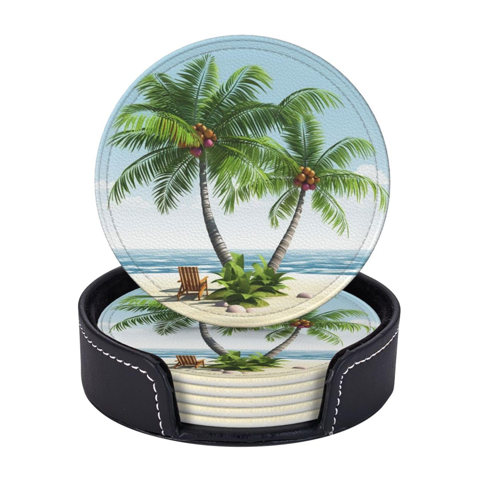 Round Coasters for Drinks Set of 6 - PU Leather Coasters with Holder - Modern Drink Coasters for Coffee Table - Tropical Palm Tree Coaster for Tabletop Protection 4" Cup Mat Pad