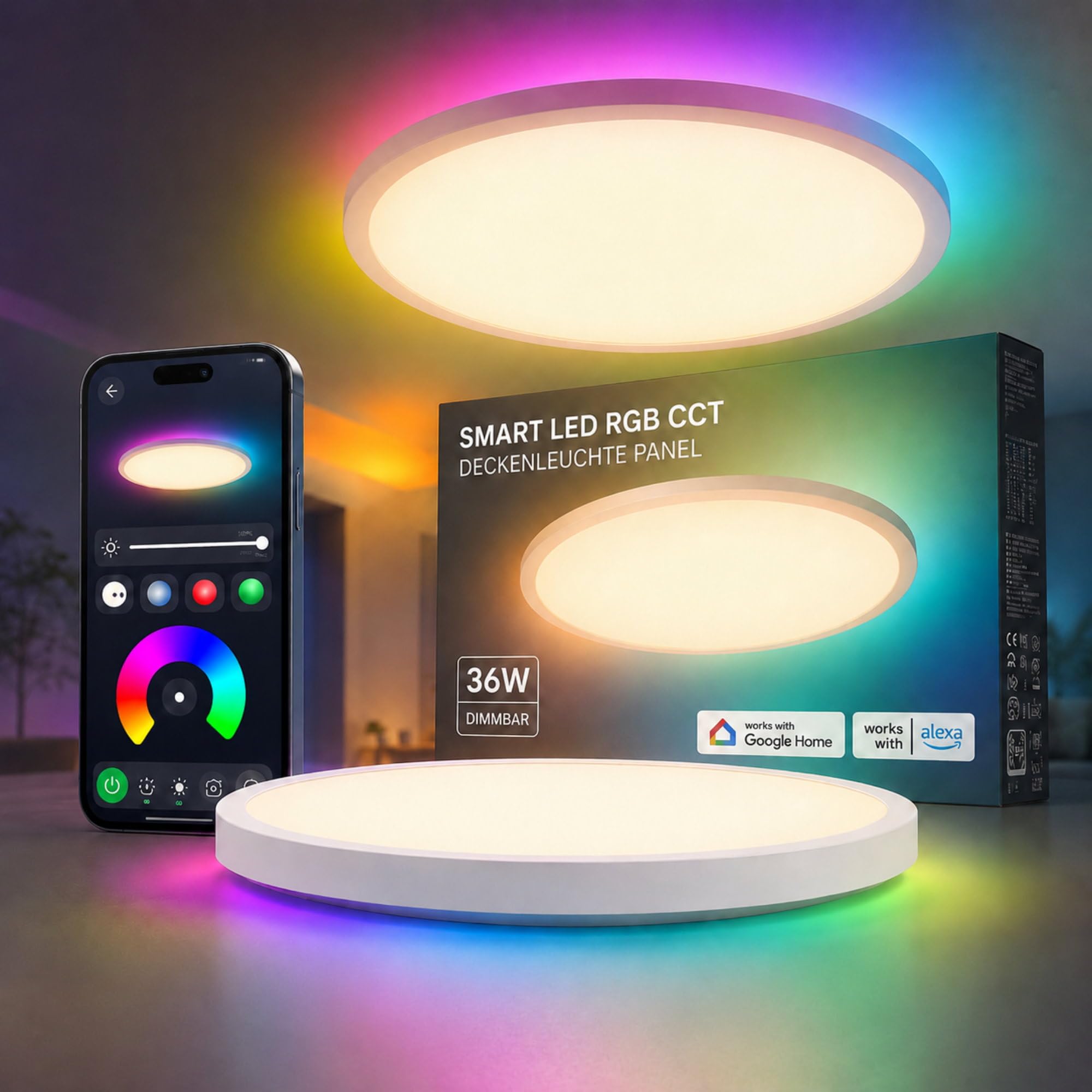 Smart LED RGB CCT lampa sufitowa panel 36 W, możliwość ściemniania, kompatybilna z Alexa, Google Home, sterowanie głosem