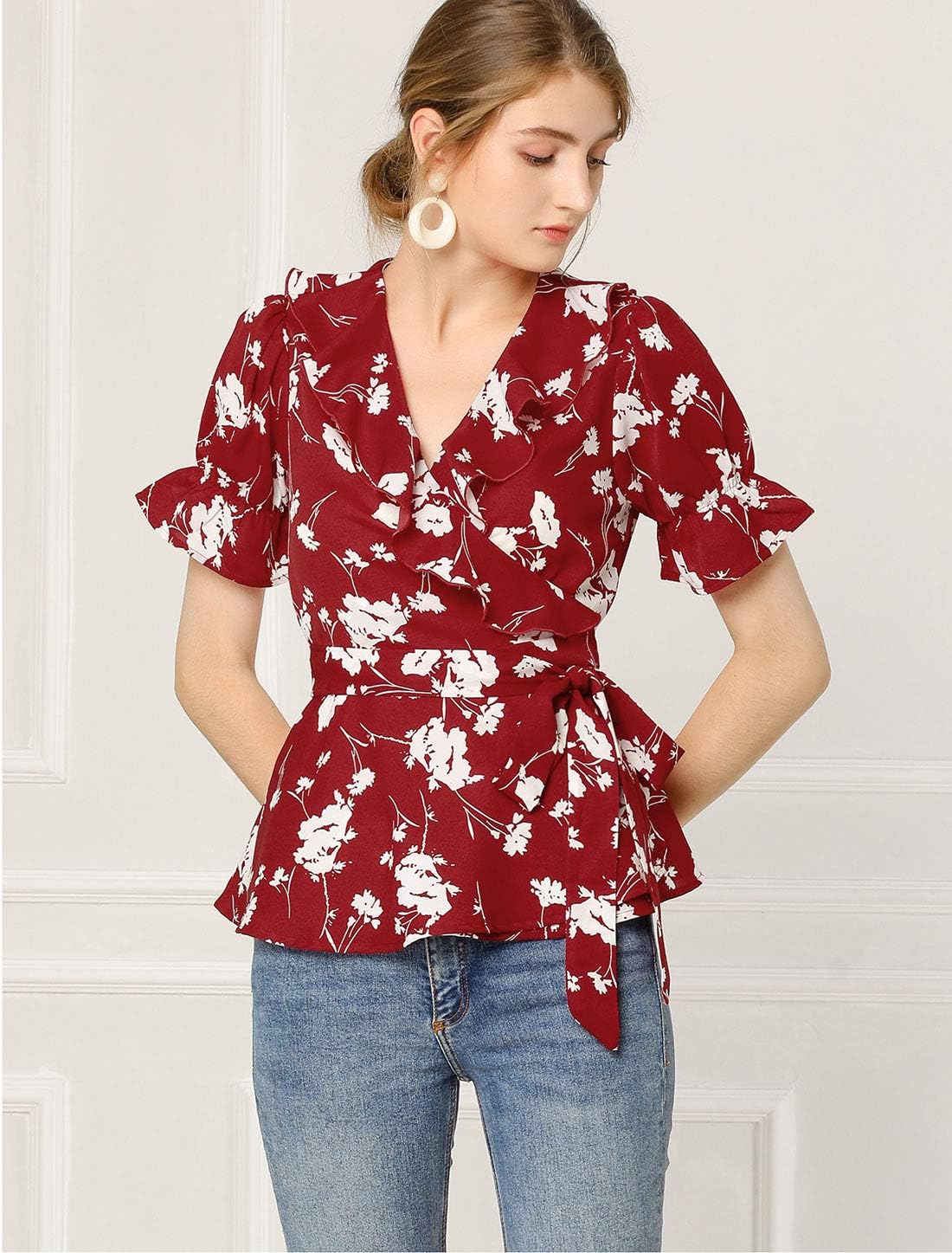 Allegra K Women's Wrap Peplum Top Blouse 2025 Summer Floral Short Sleeve Ruffle V Neck Belted Shirts - Image 3