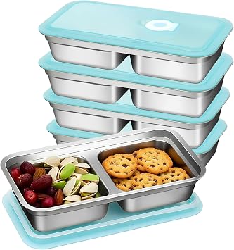 Stainless Steel Snack Containers with Lids, Reusable Lunch Box, Double Compartment Food Storage, Grab and Go Snack Container,Double Compartment Food Lunch Meal Container Prep for Travel, 5 Pack