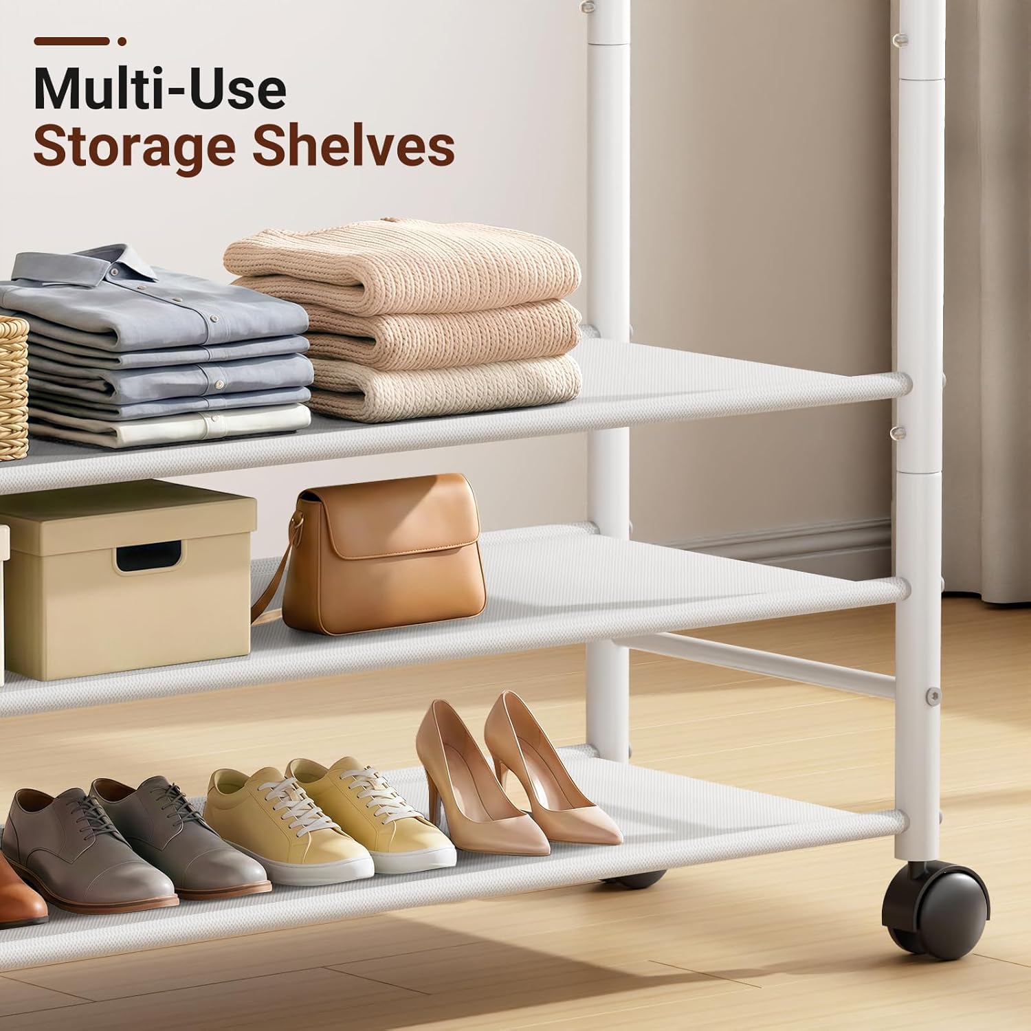 SLEEPING LAMB 44" Double Rods Clothes Rack for Hanging Clothes, Sturdy Metal Clothing Rack with 3 Tier Shelves, Portable Rolling Garment Rack With Wheels for Bedroom, Laundry Living Room, White