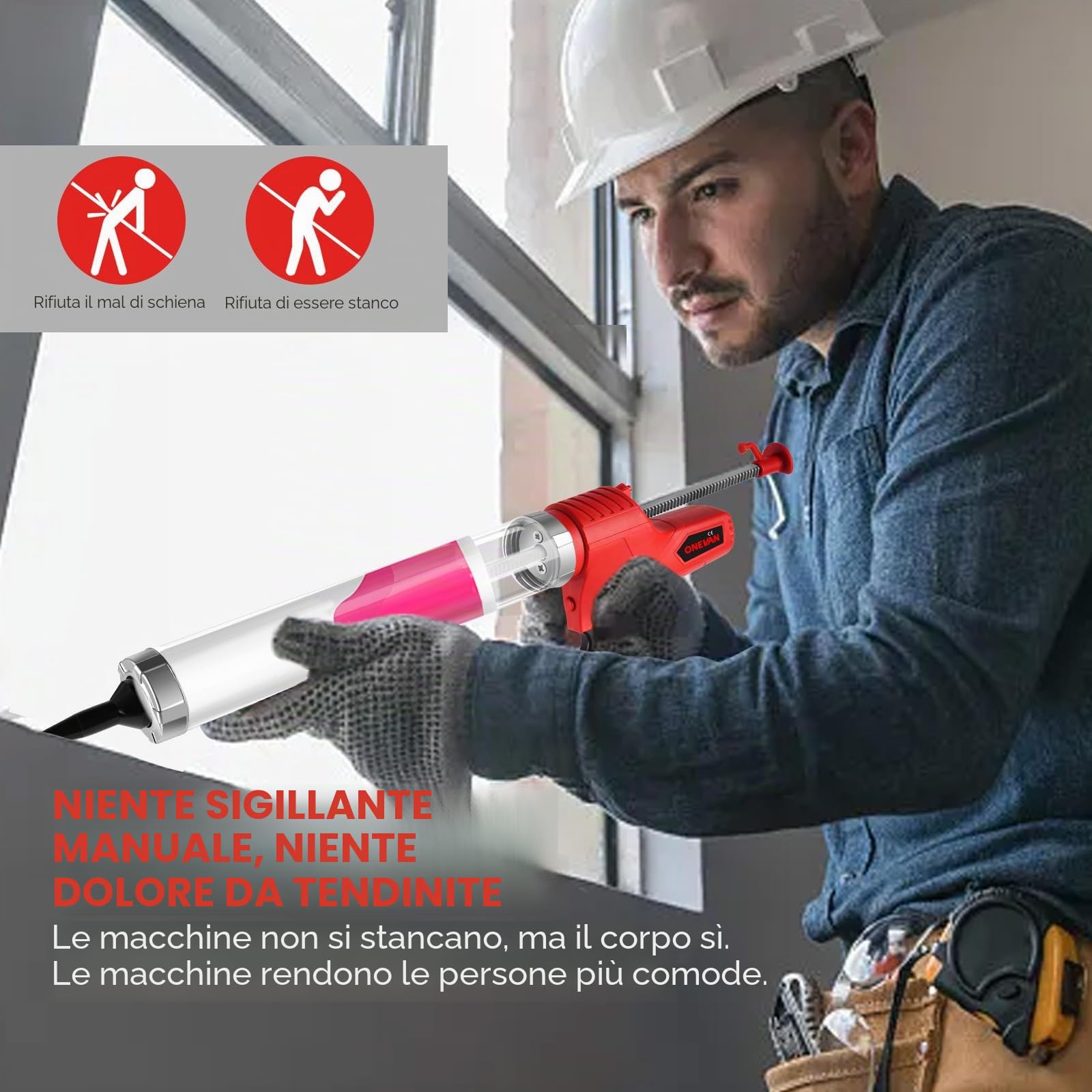 ONEVAN Pistola Silicone a Batteria, 310ml/600ml Pistola per Silicone, 6 velocità, Antigoccia, con 2 Batterie da 2.0 Ah, 14 ugelli, Ideale per Calafataggio, Riempimento e Sigillatura
