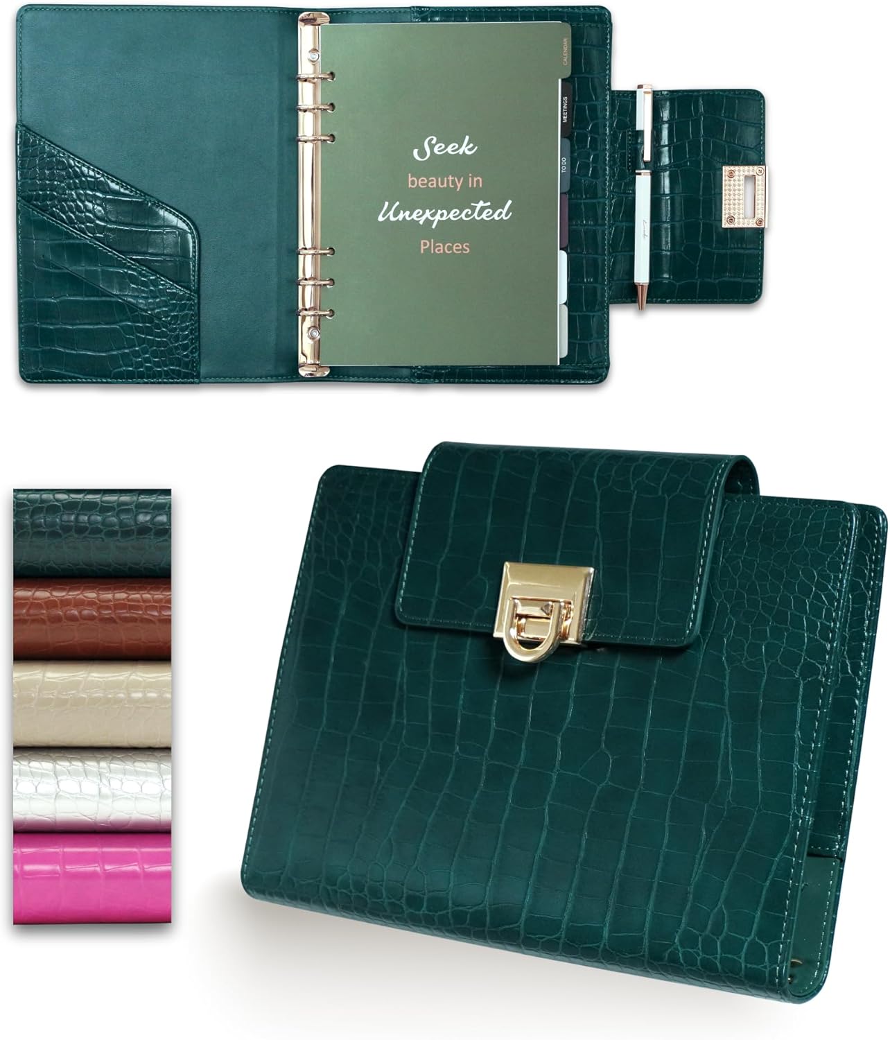 EGOSUNNY A5 Undated Planner  5.8" x 8.3" Crocodile-Textured Leather Cover, Refillable 6-Ring Binder with 80 Sheets, Dividers & Metal Ballpoint Pen - Journal Organizer for Work, School & Personal Use
