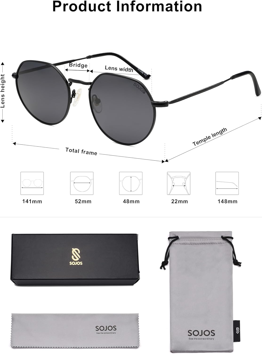 SOJOS Round Polygon Polarized Sunglasses for Women Men Retro Classic Vintage Panto Octagonal Shades SJ1157 - Image 5