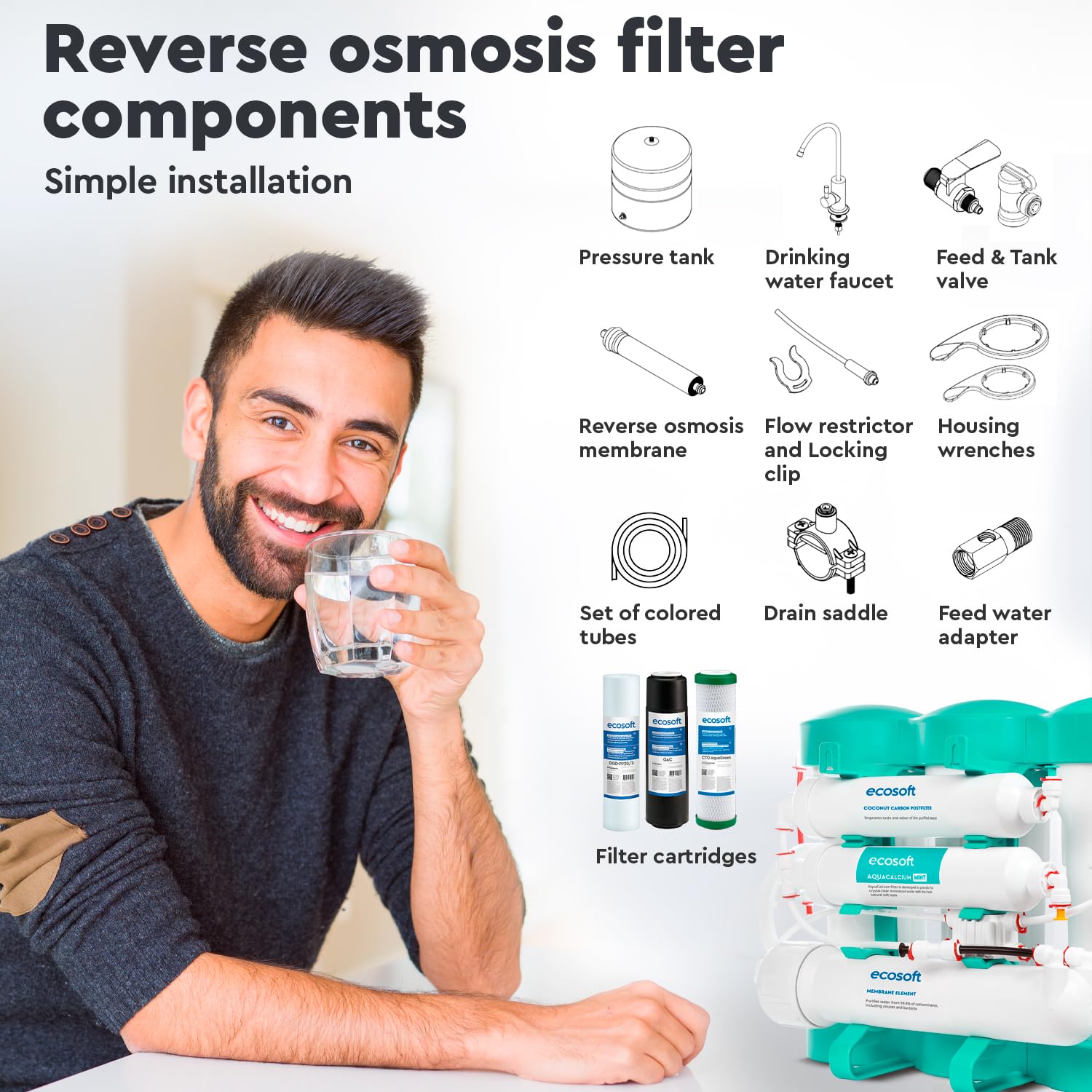 Ecosoft P'URE AquaCalcium Mint Filtre à osmose inverse pour la maison, filtre 99 | 8 purcent des polluants de l'eau | minéralise l'eau potable avec du calcium | avec réservoir d'eau