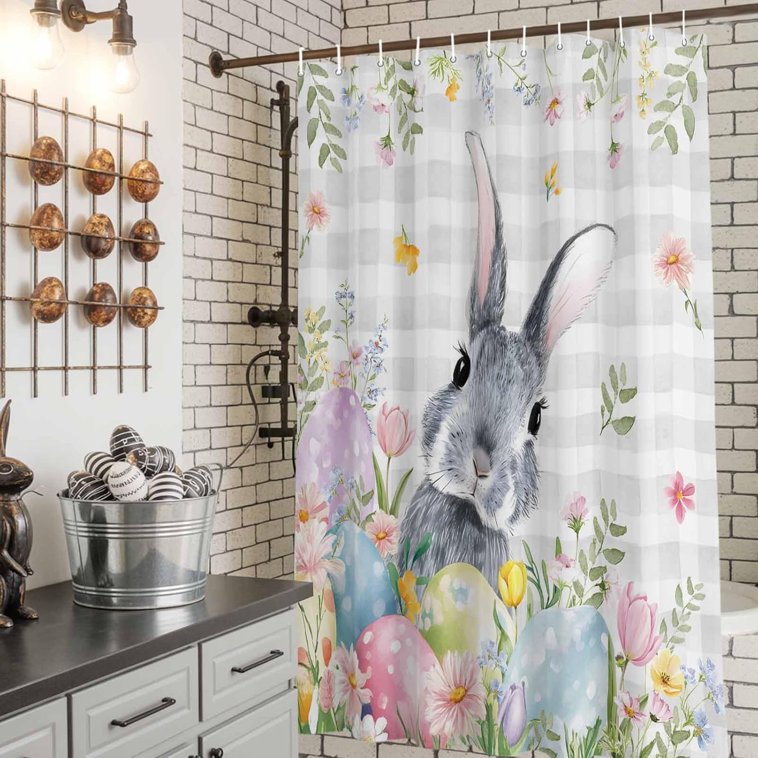 Easter Shower Curtain Bunny Easter Egg Shower Curtain Set with Hooks Flower Leaves Plant Gray Plaid Waterproof Fabric Shower Curtains for Bathroom Decor Bath Curtain 60 x 72 Inches