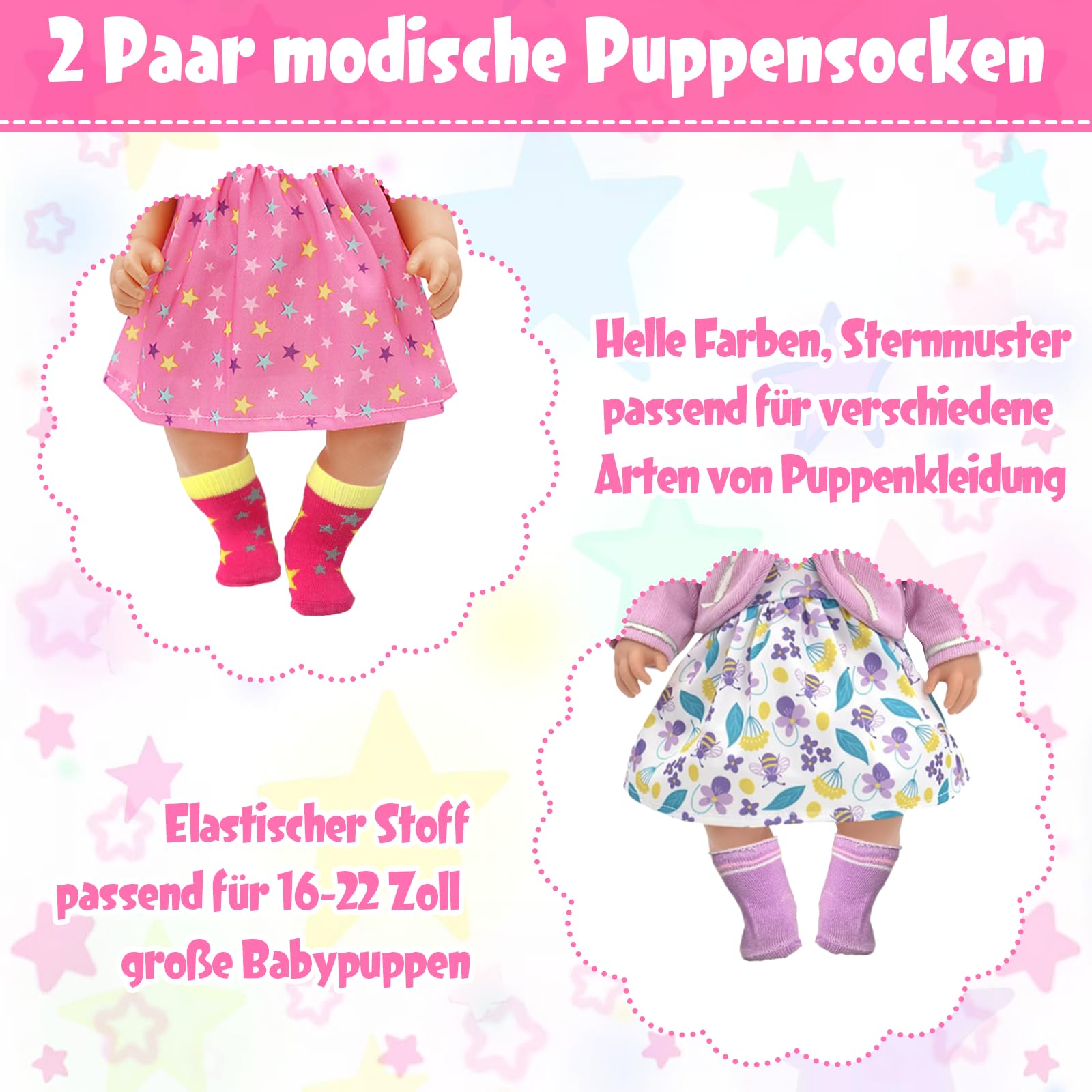 Xerteam Doll Tight with Pink Heart Pattern + 2 Doll Socks for 33-43cm Dolls, Cute Baby Dolls Socks Set for 14-18 Inch - Image 4
