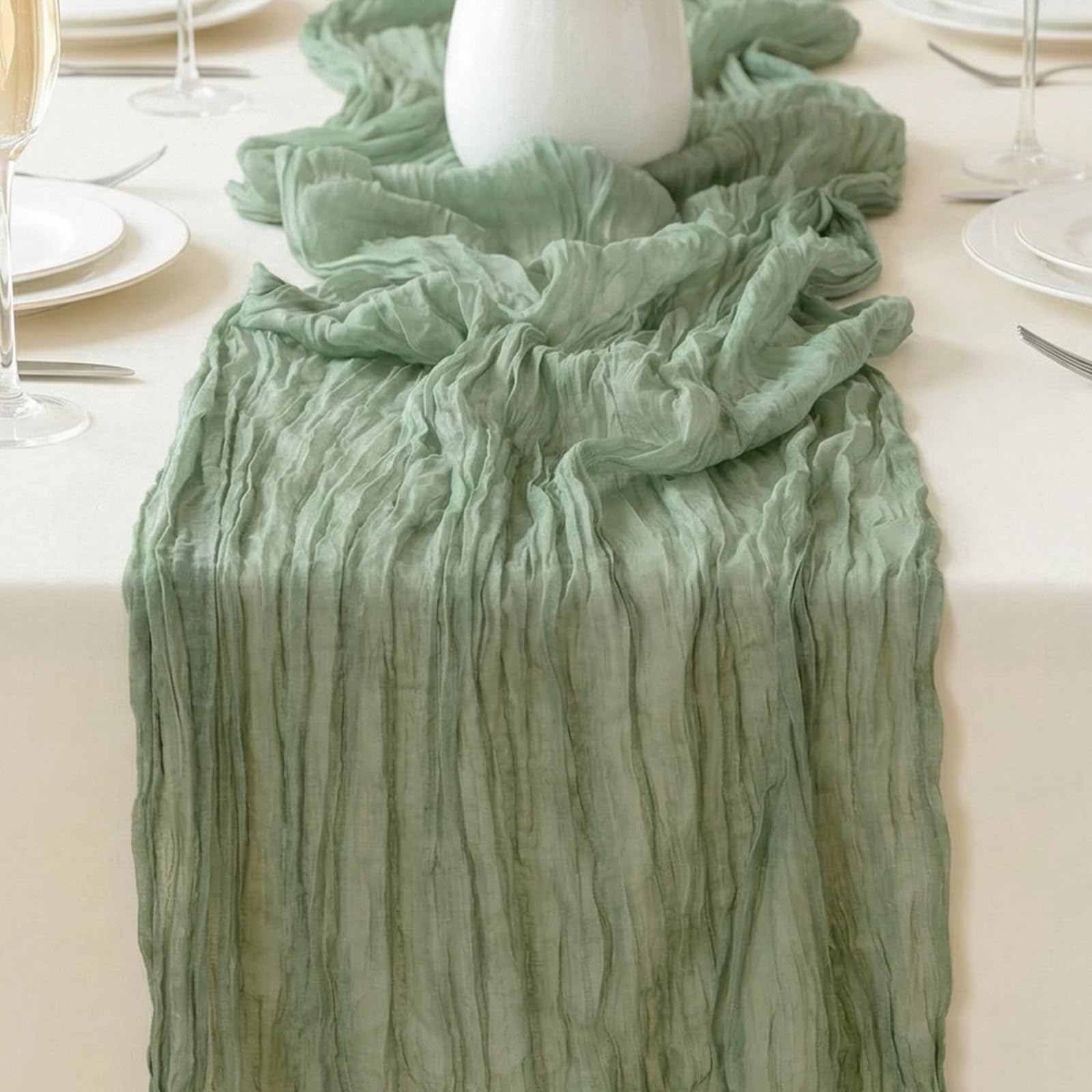 QESSUVNC 10ft Green Table Runner, 90 × 300cm Sage Green Cheesecloth Table Runner for Wedding Party Birthday Holiday Baby Shower Table Decoration