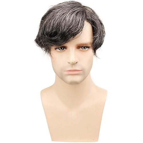 Miniatura 2 de Swiss Full Lace Hombres Toupee 1B Color Negro Cabello Humano Real Mezclado 20% Gris Pelo Sintético Reemplazo para Hombres Hairpiece