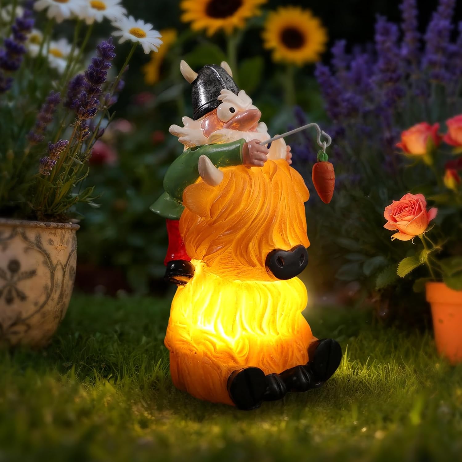 Garden Gnome Statue - Garden Gnome Riding Highland Cow - 6.7 Inch Tall Lawn Figurine - for Outdoor or House Decor - Funny Yard & Patio Decoration