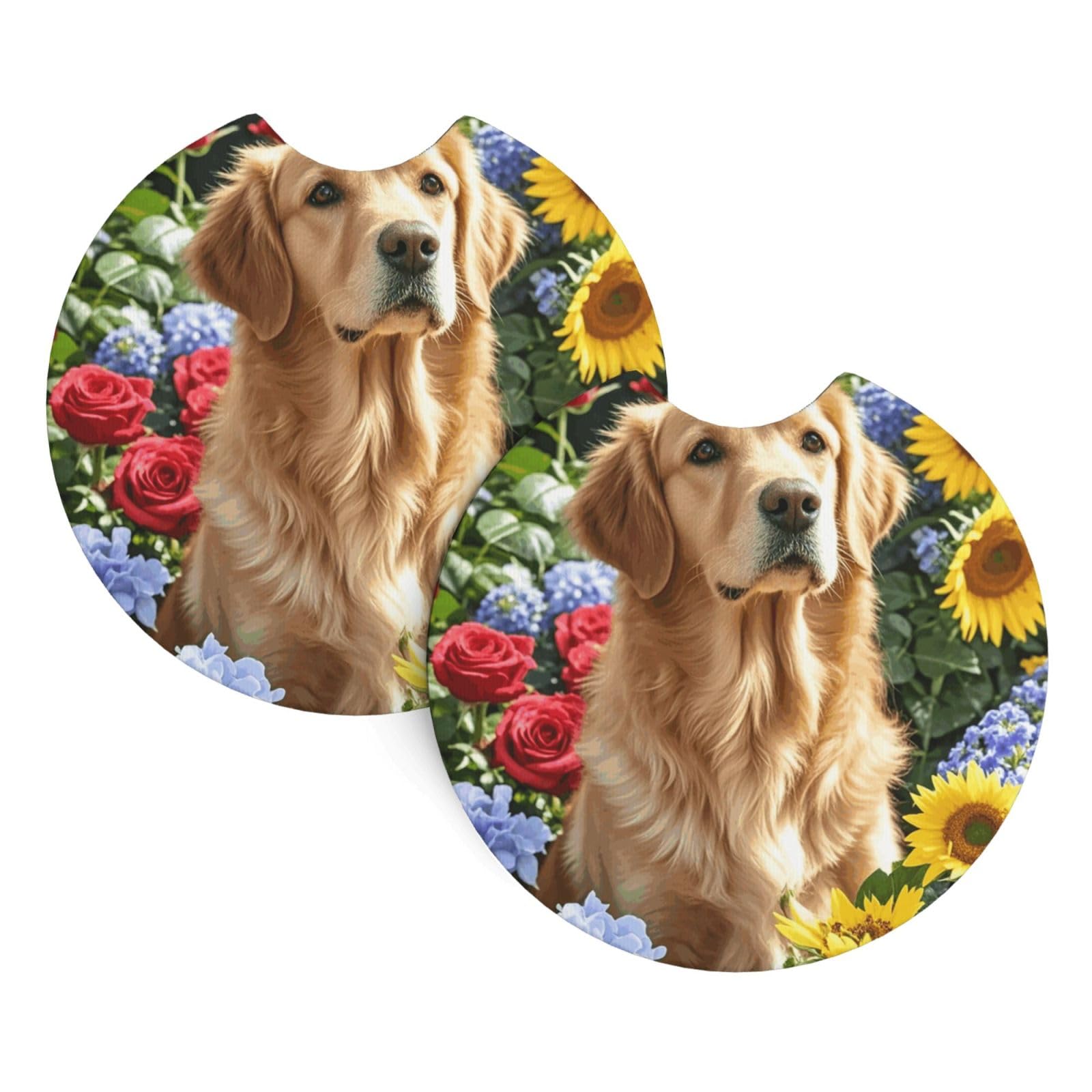 2 Pack Car Coaster for Cup Holders Golden Retriever and Flowers Car Cup Coaster 2.7" Neoprene Non-Slip Automotive Cup Mat Universal Auto Car Interior Accessories for Women Men Cup Pad