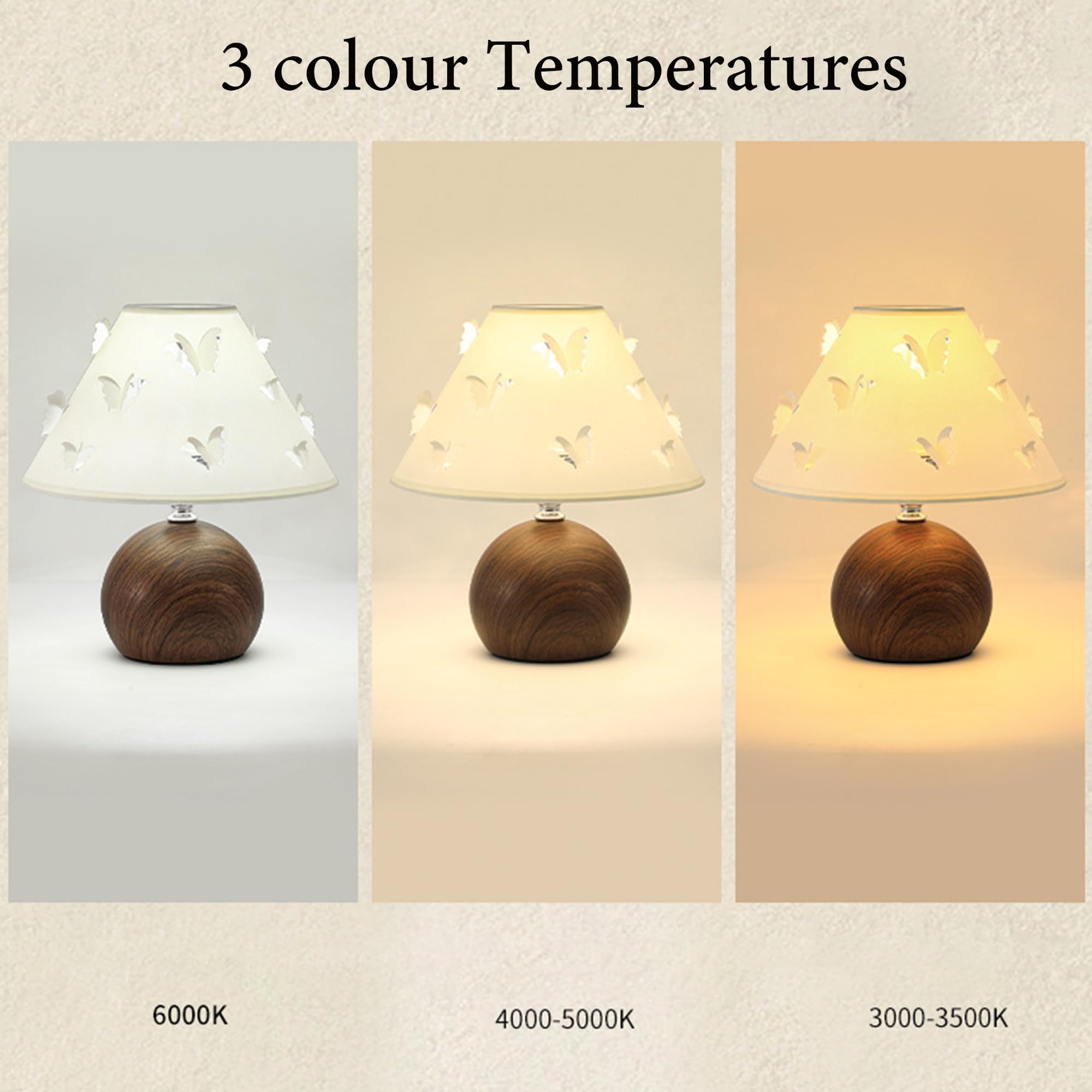 OOWOKS Tischlampe Schlafzimmer Vintage Dimmbar Nachttischlampe mit USB Kabel 3000K/4500K/6000K Retro Tischleuchte Weiß Stoff Lampenschirm Holzoptik Design Schmetterling Dekorative Wohnzimmerlampe