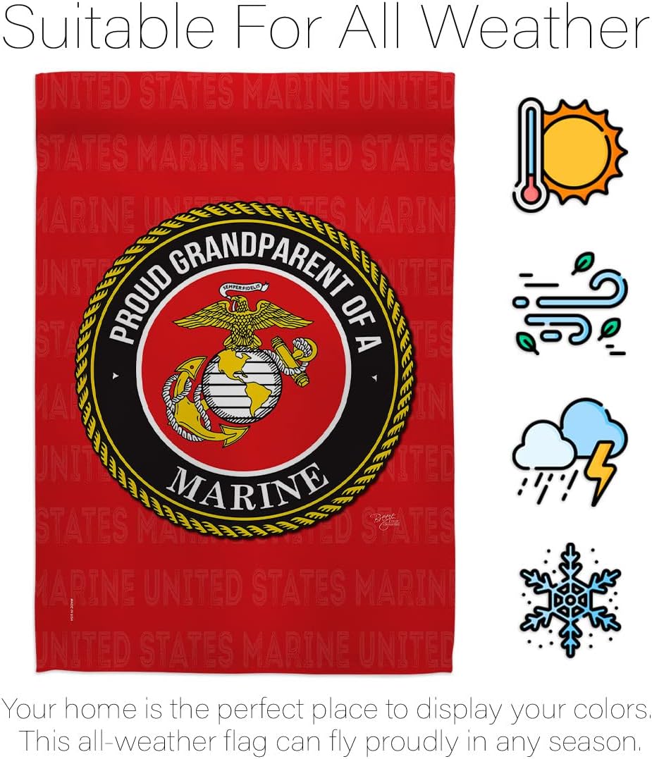 Breeze Decor Proud Grandparent Garden Flag Set Wood Dowel Armed Forces Marine Corps USMC Semper Fi United State American Military Veteran Retire Official House Yard Gift Double-Sided, Made in USA