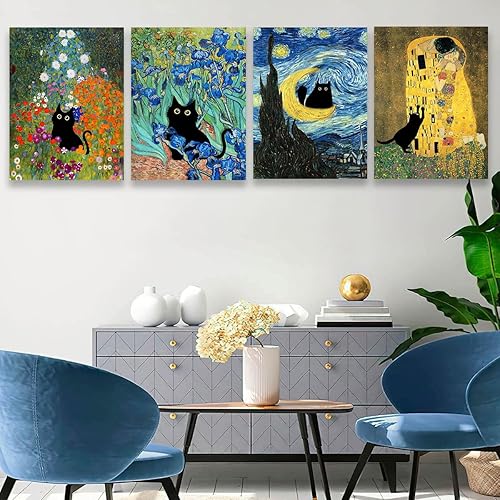 Miniatura 4 de Klimt the Kiss - Lienzo impreso con diseño de gato negro divertido, pinturas famosas, decoración de pared para el hogar, 12 x 16 pulgadas
