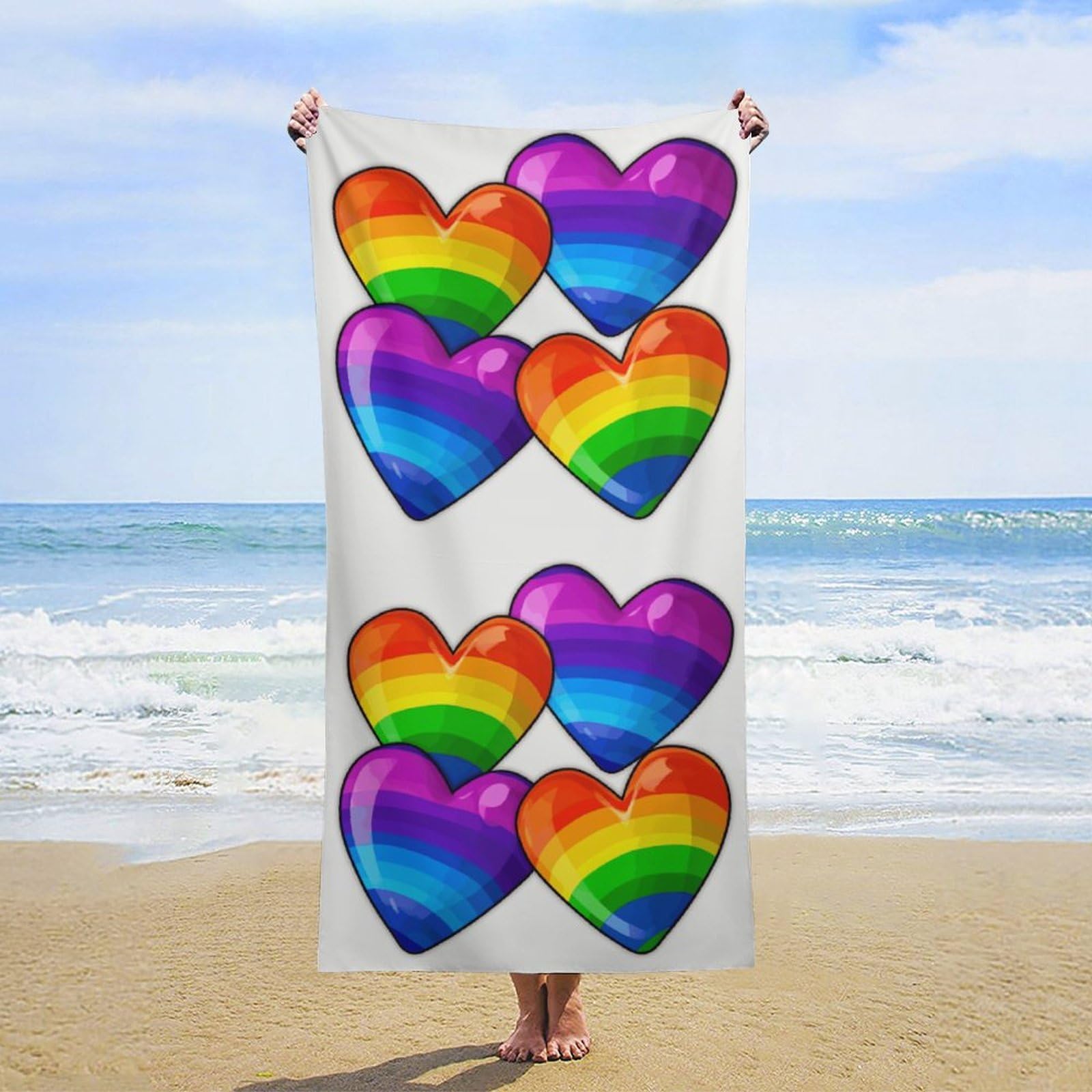 QMNBTES Beach Towels Oversized 63x31.5 Inch Quick Dry Rainbow Gay Pride Hearts Bath Towels Sand Free Pool Towel Super Absorbent Travel Turkish Towel