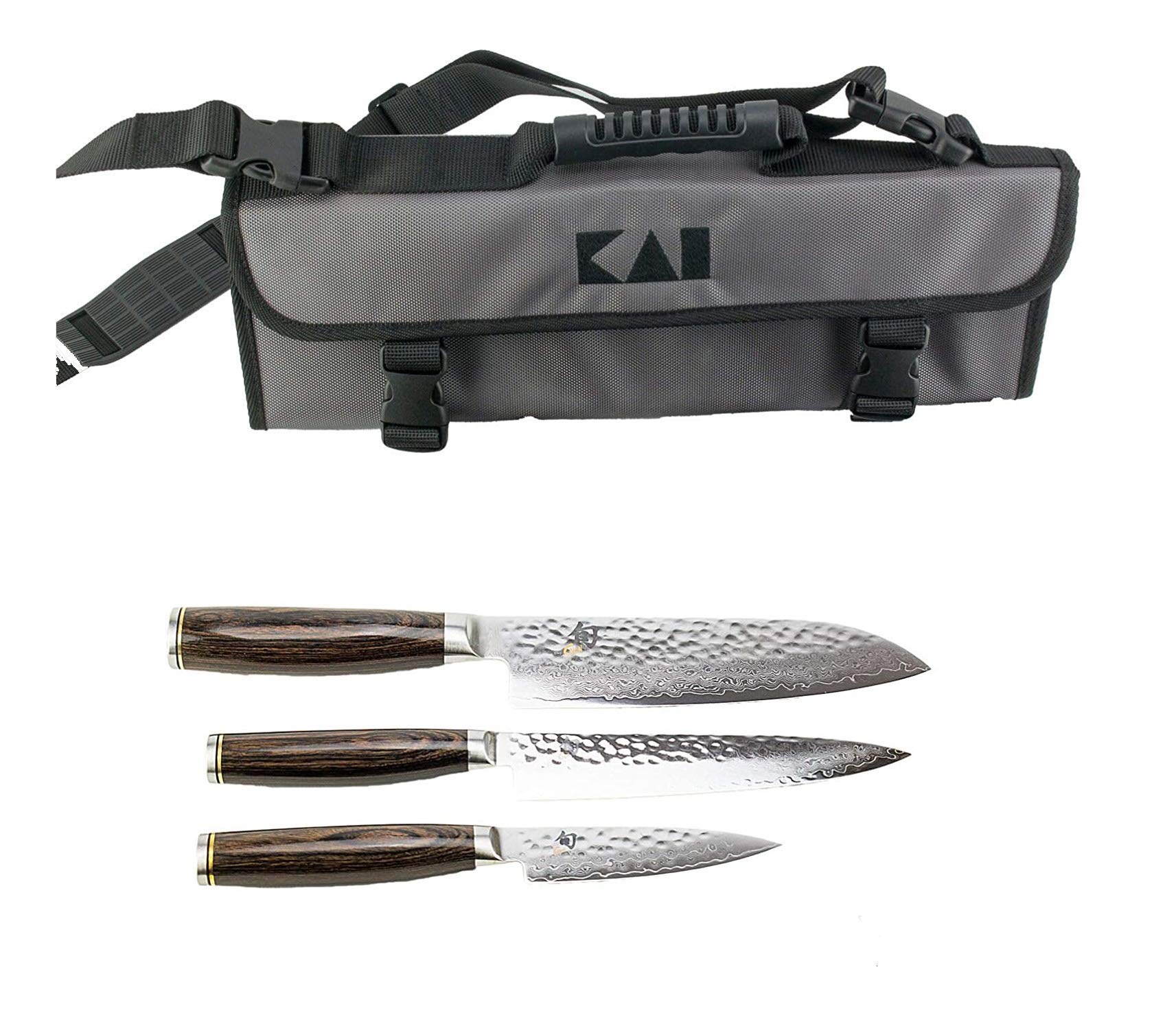 KAI Shun Tim Mälzer Damast-Messerset | KAI Messertasche + TDM-1700 (Officemesser) + TDM-1701 (Allzweckmesser) und TDM-1702 (Santoku)